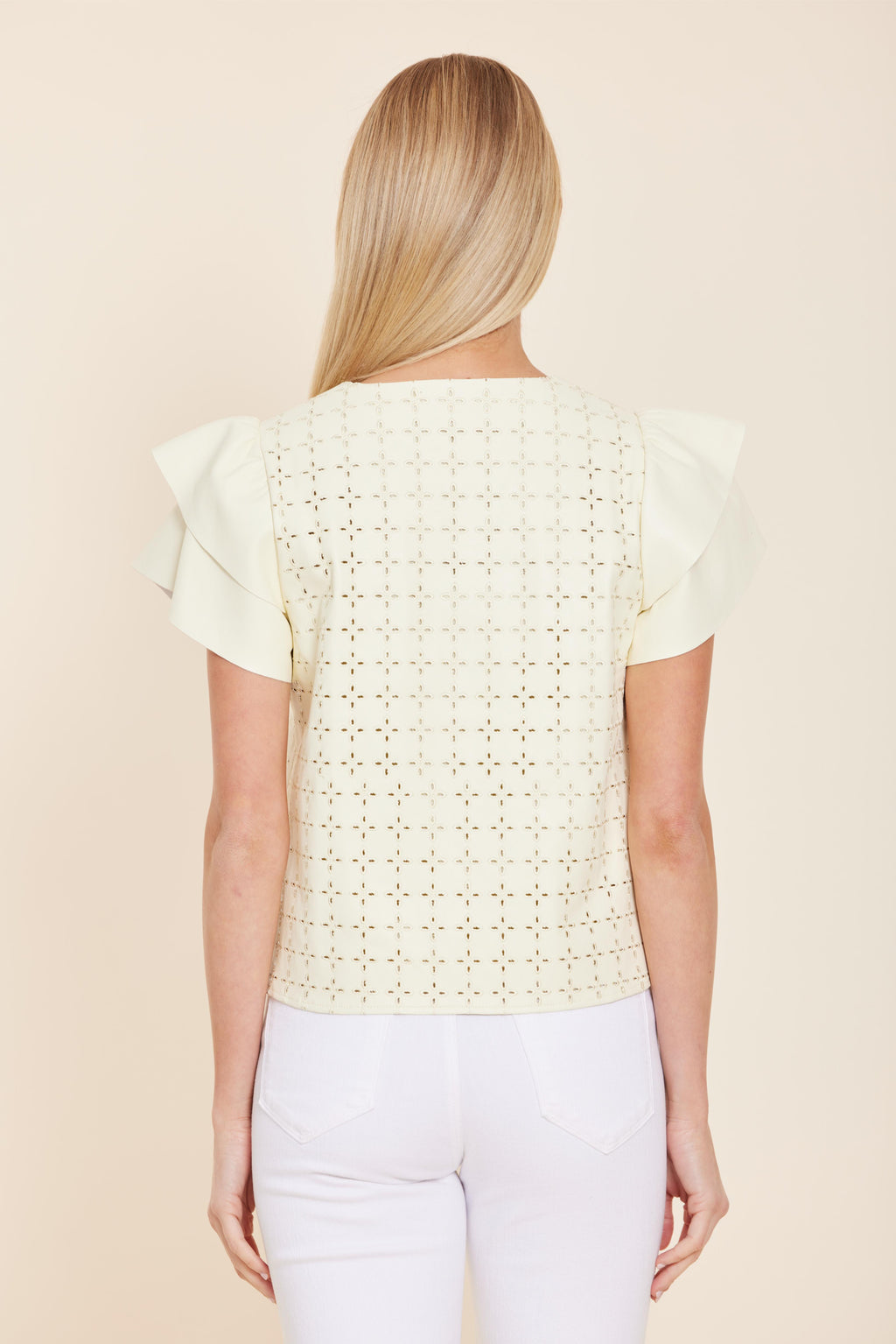 Faux Leather Flutter Sleeve Eyelet Top