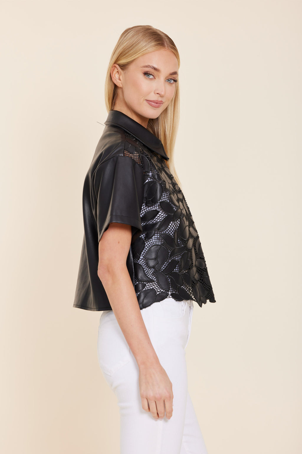 Faux Leather Floral Cutout Top