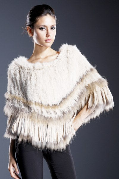 Two-Tone Fur Poncho with Fringe Detail