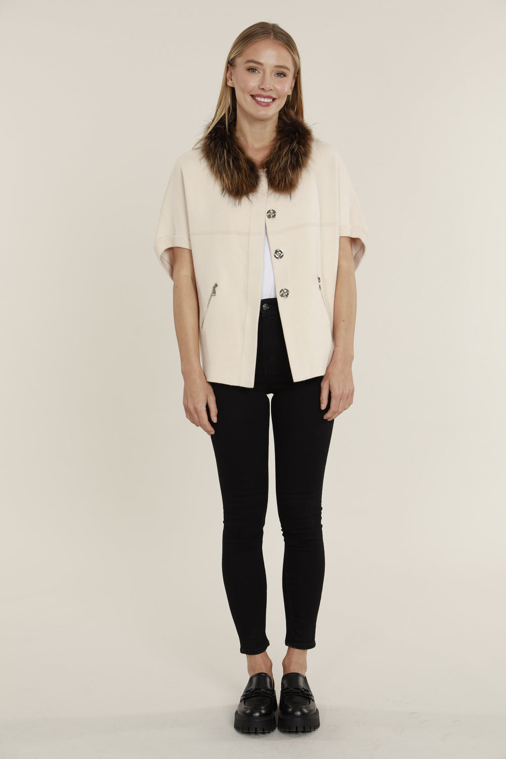 Natural Fur Collar Short Sleeve Cardigan