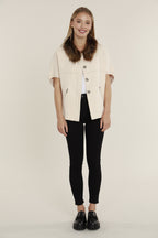 Natural Fur Collar Short Sleeve Cardigan