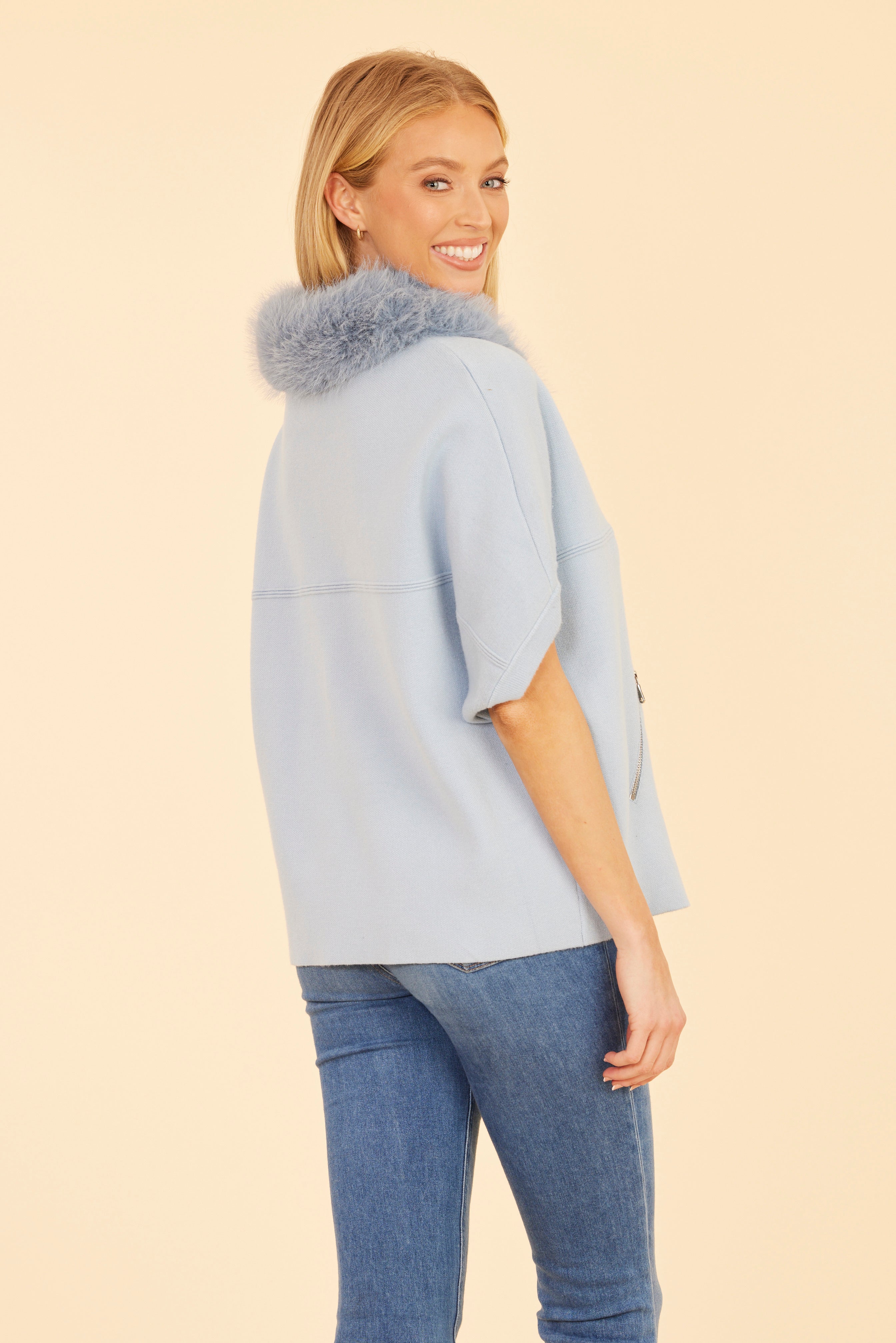 Faux Fur Collar Short Sleeved Cardigan