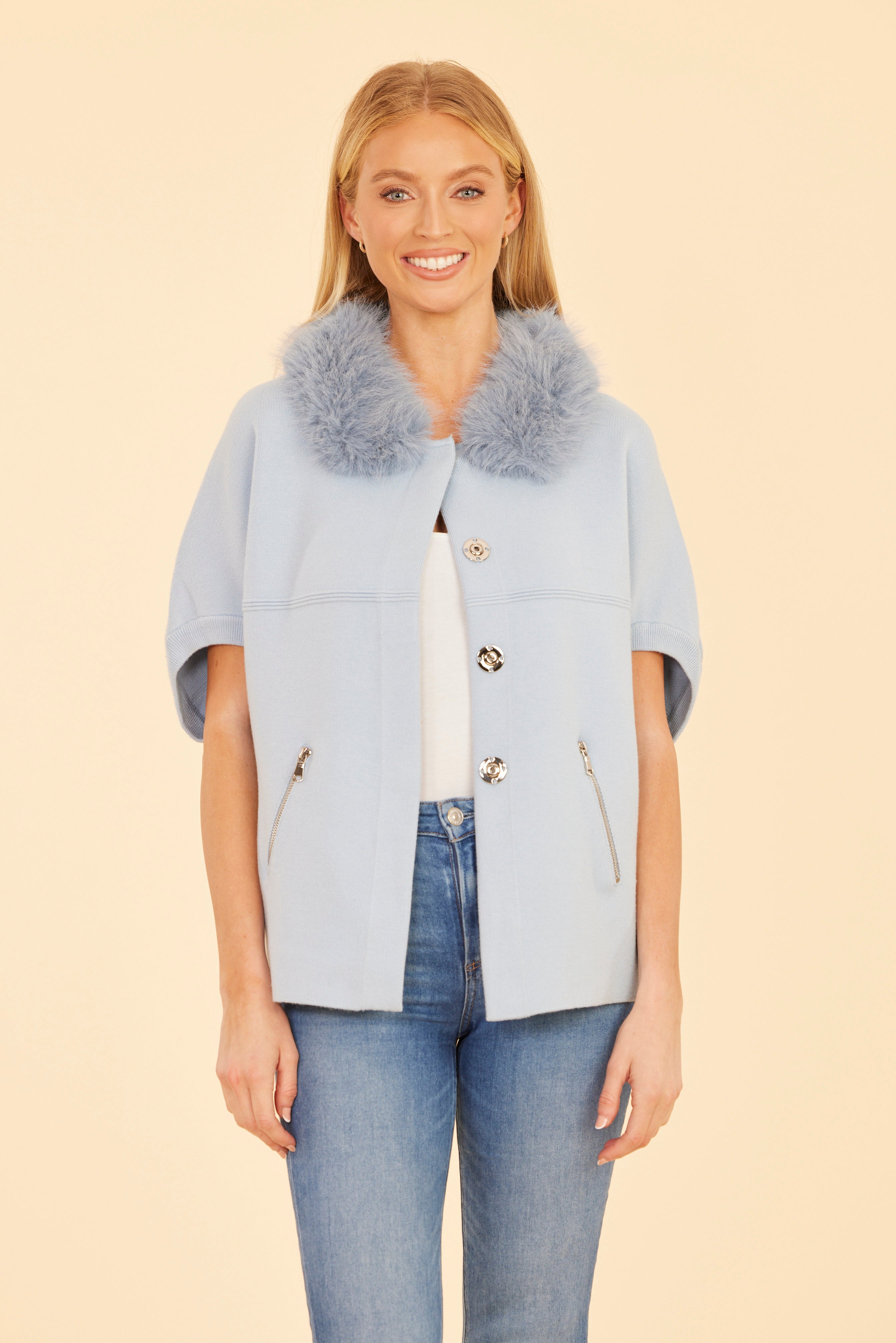 Faux Fur Collar Short Sleeved Cardigan