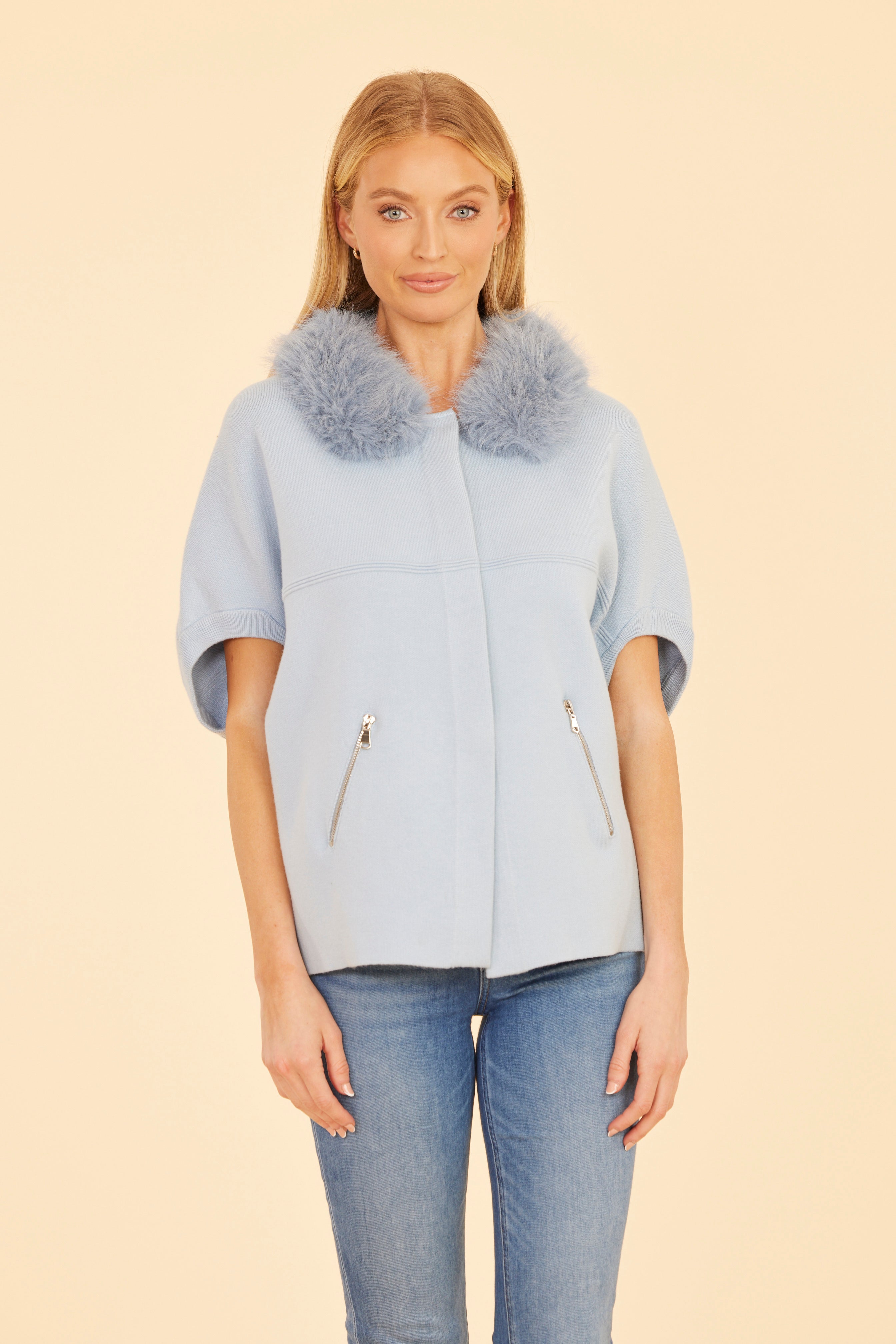 Faux Fur Collar Short Sleeved Cardigan
