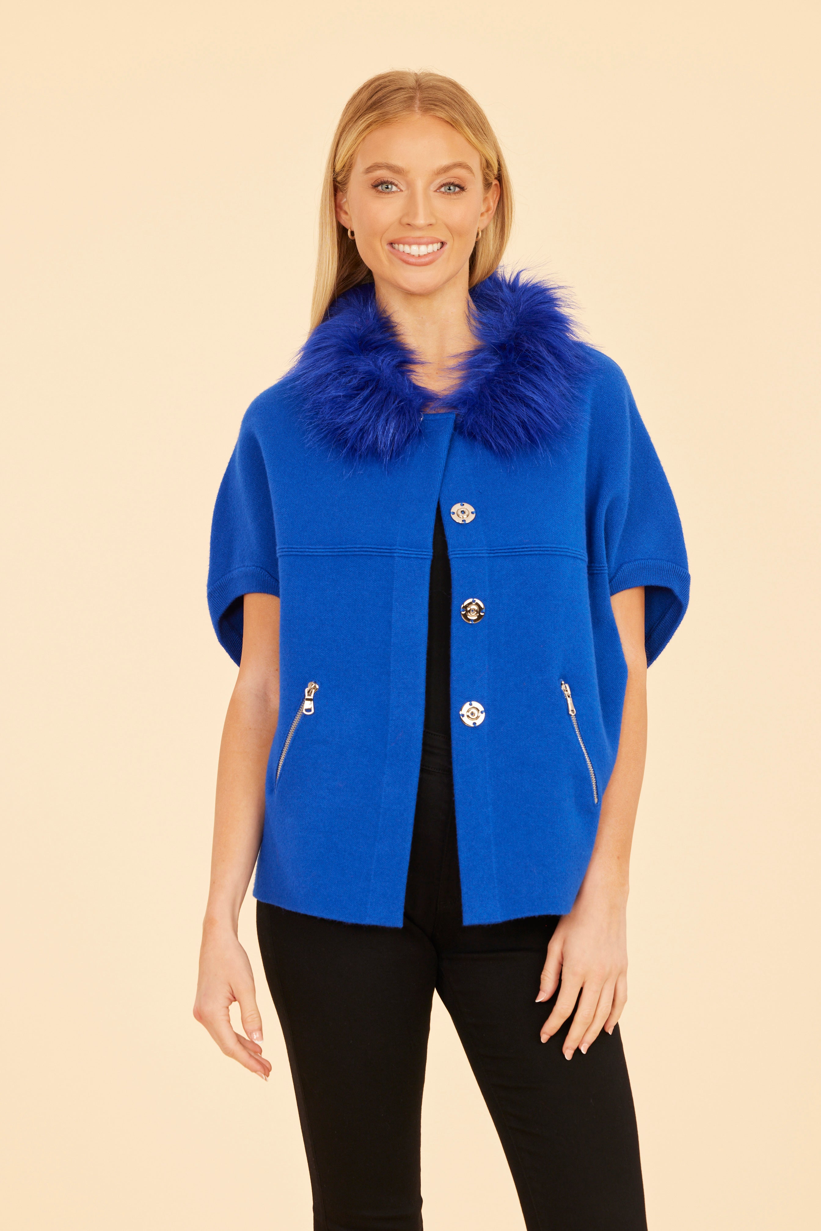 Faux Fur Collar Short Sleeved Cardigan