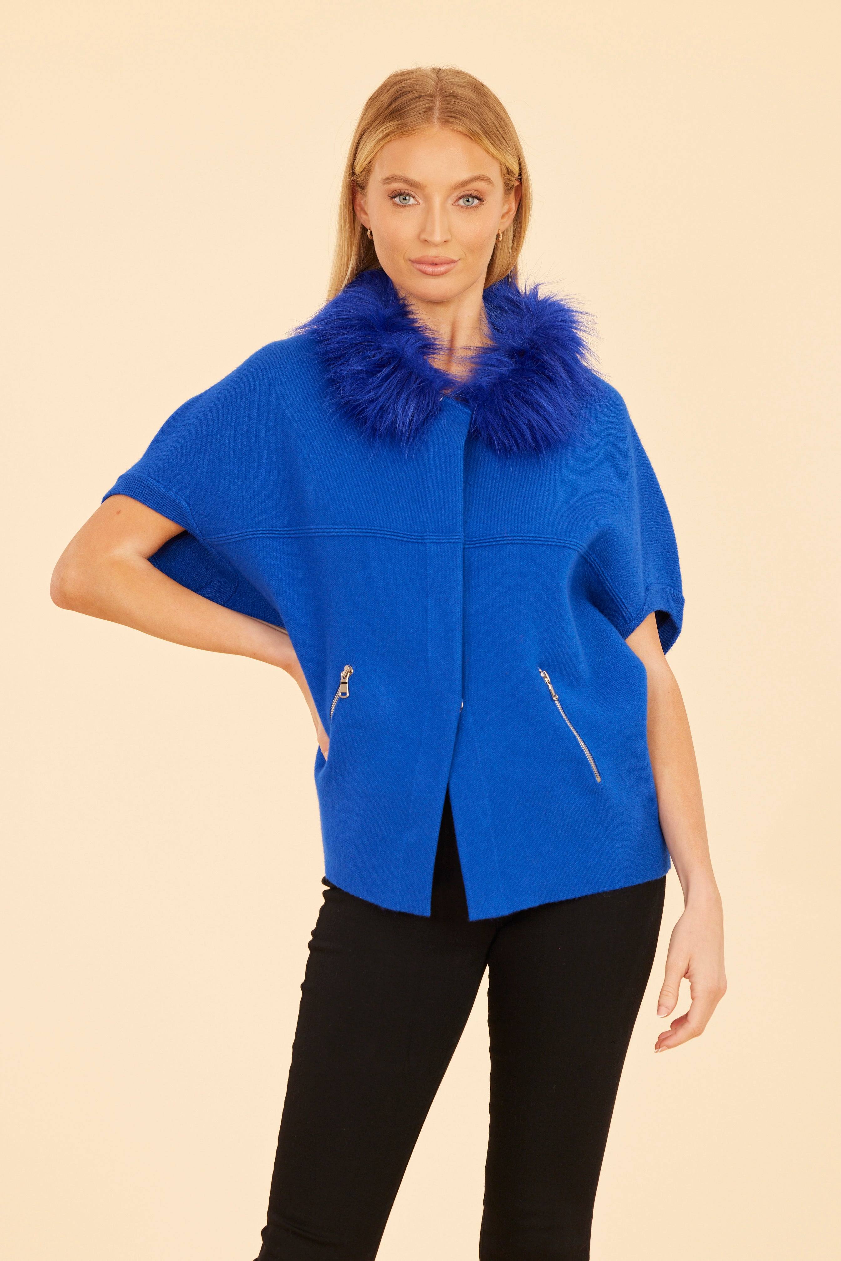 Faux Fur Collar Short Sleeved Cardigan
