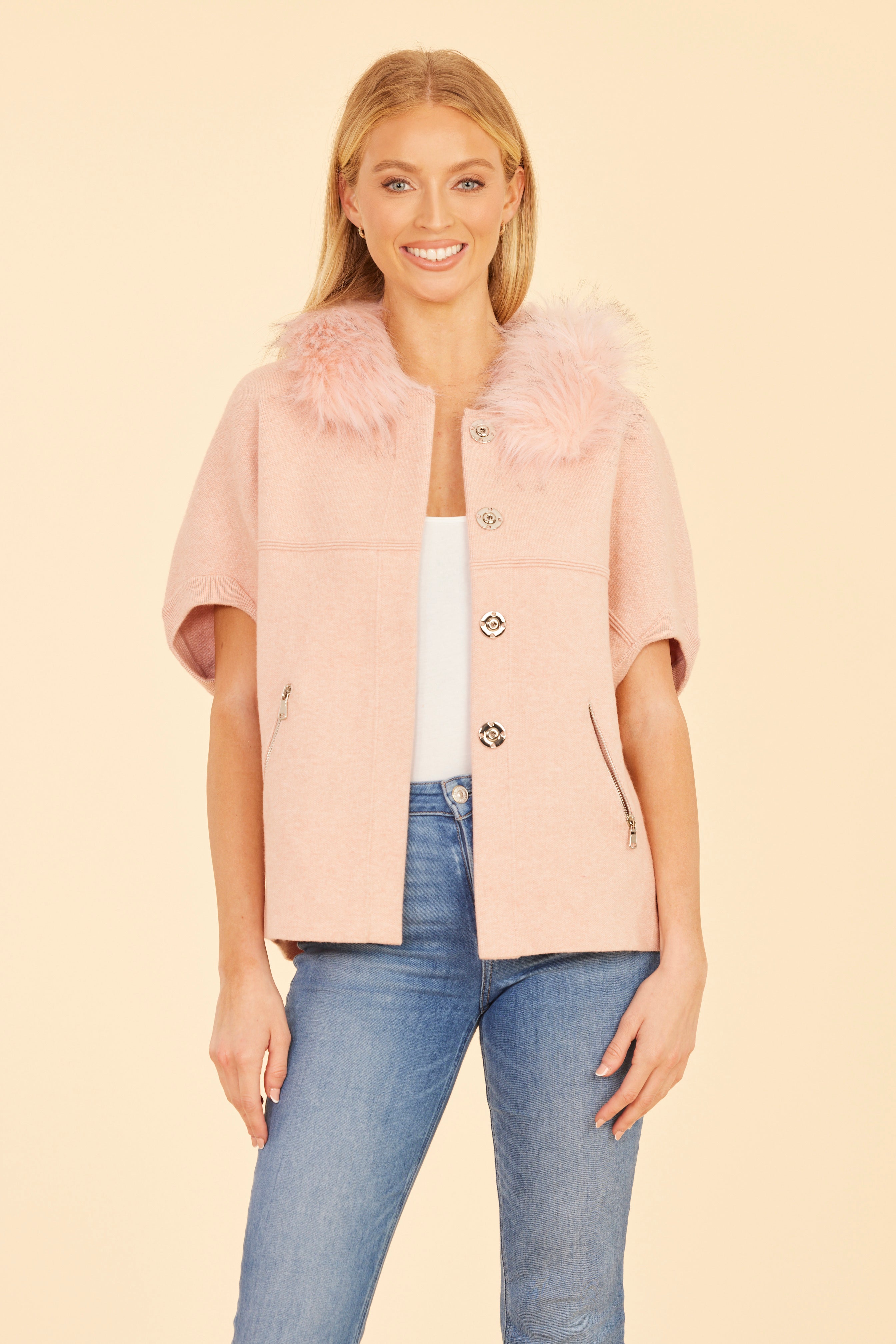 Faux Fur Collar Short Sleeved Cardigan
