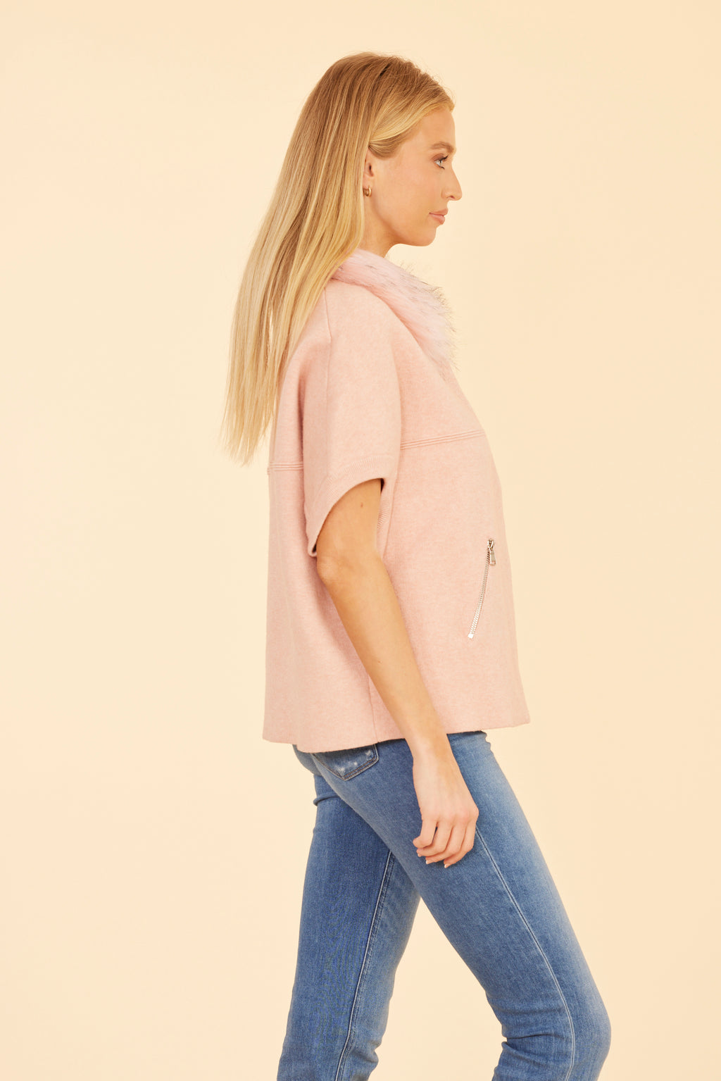 Faux Fur Collar Short Sleeved Cardigan