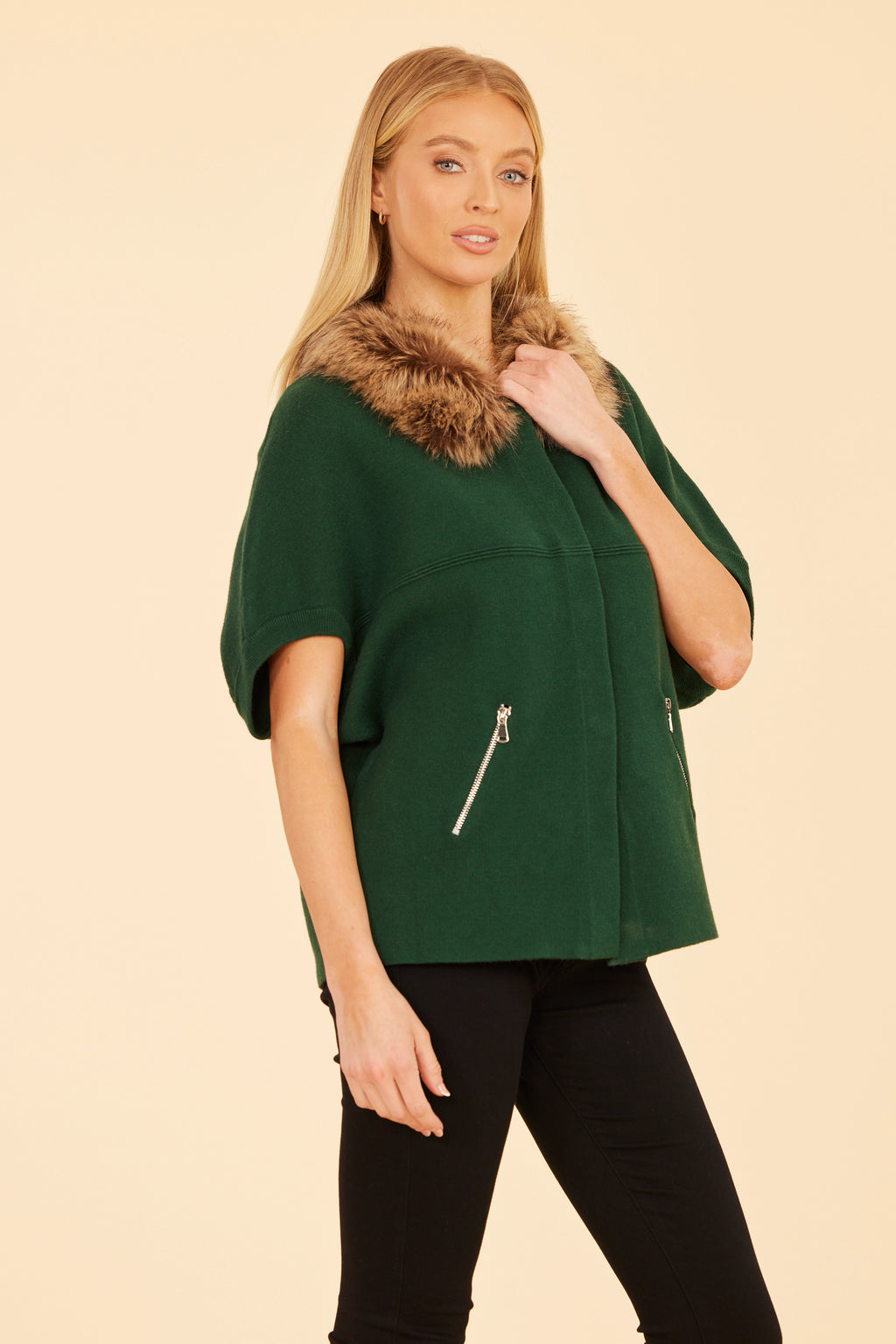 Faux Fur Collar Short Sleeved Cardigan
