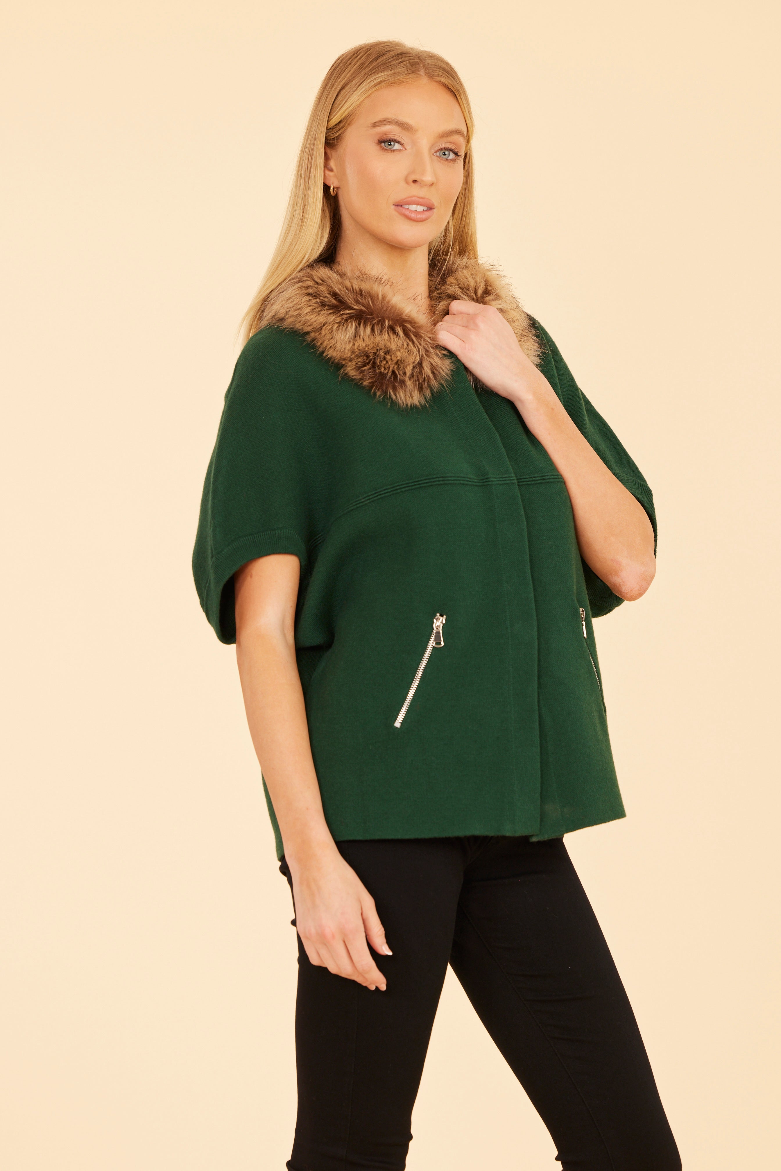 Faux Fur Collar Short Sleeved Cardigan
