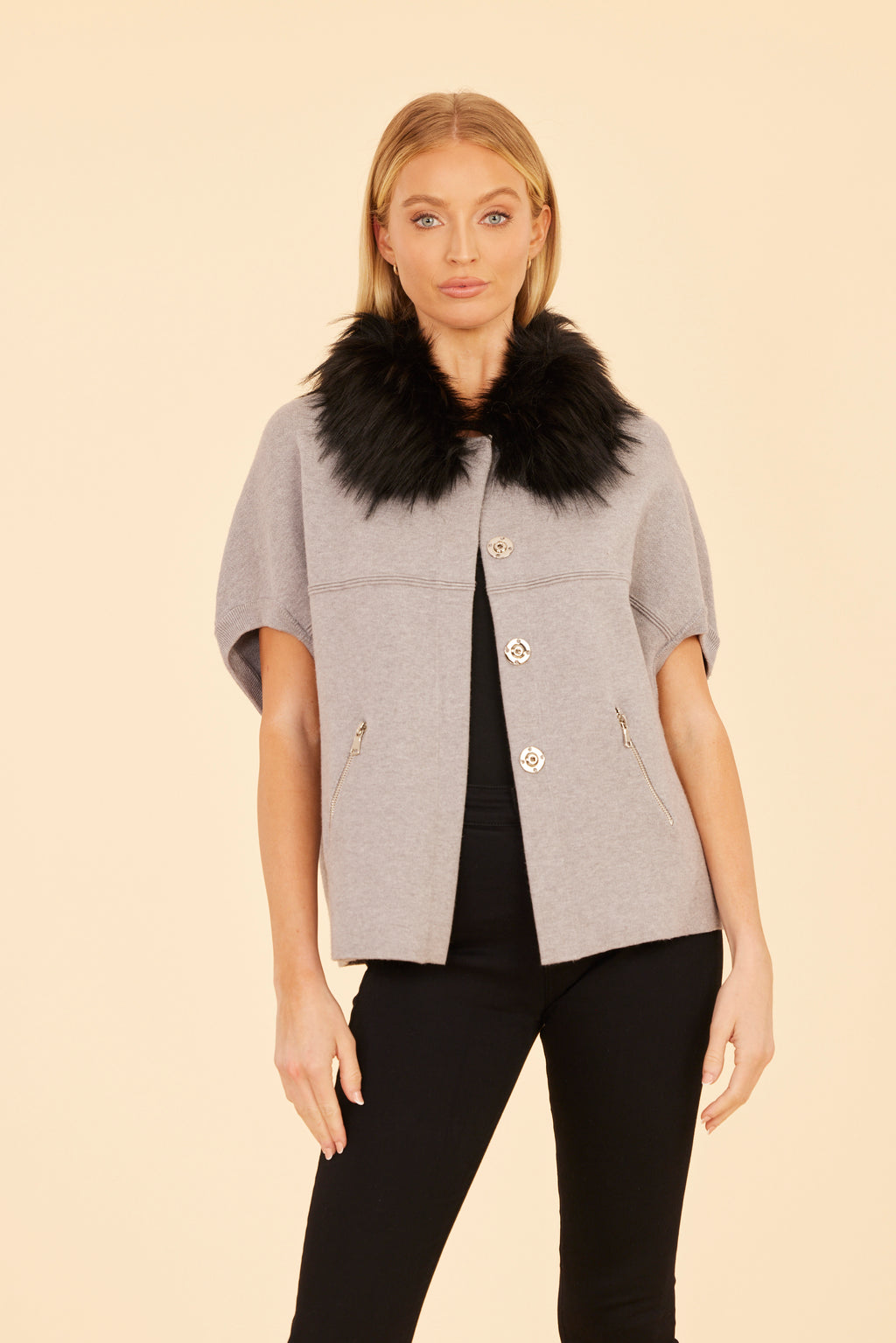 Faux Fur Collar Short Sleeved Cardigan
