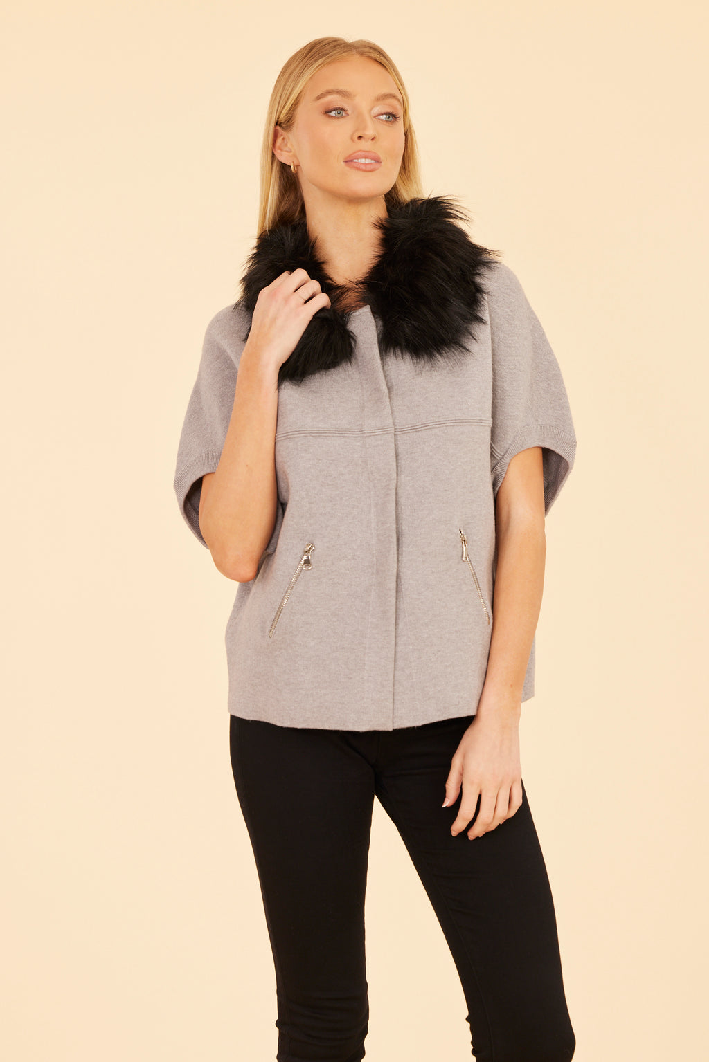 Faux Fur Collar Short Sleeved Cardigan