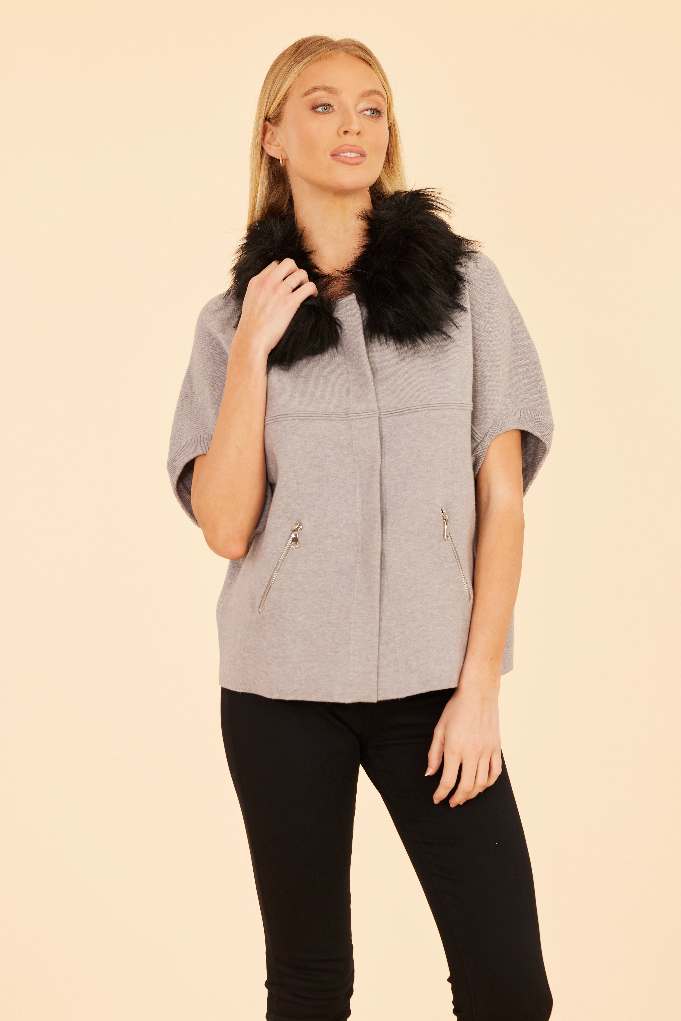 Faux Fur Collar Short Sleeved Cardigan