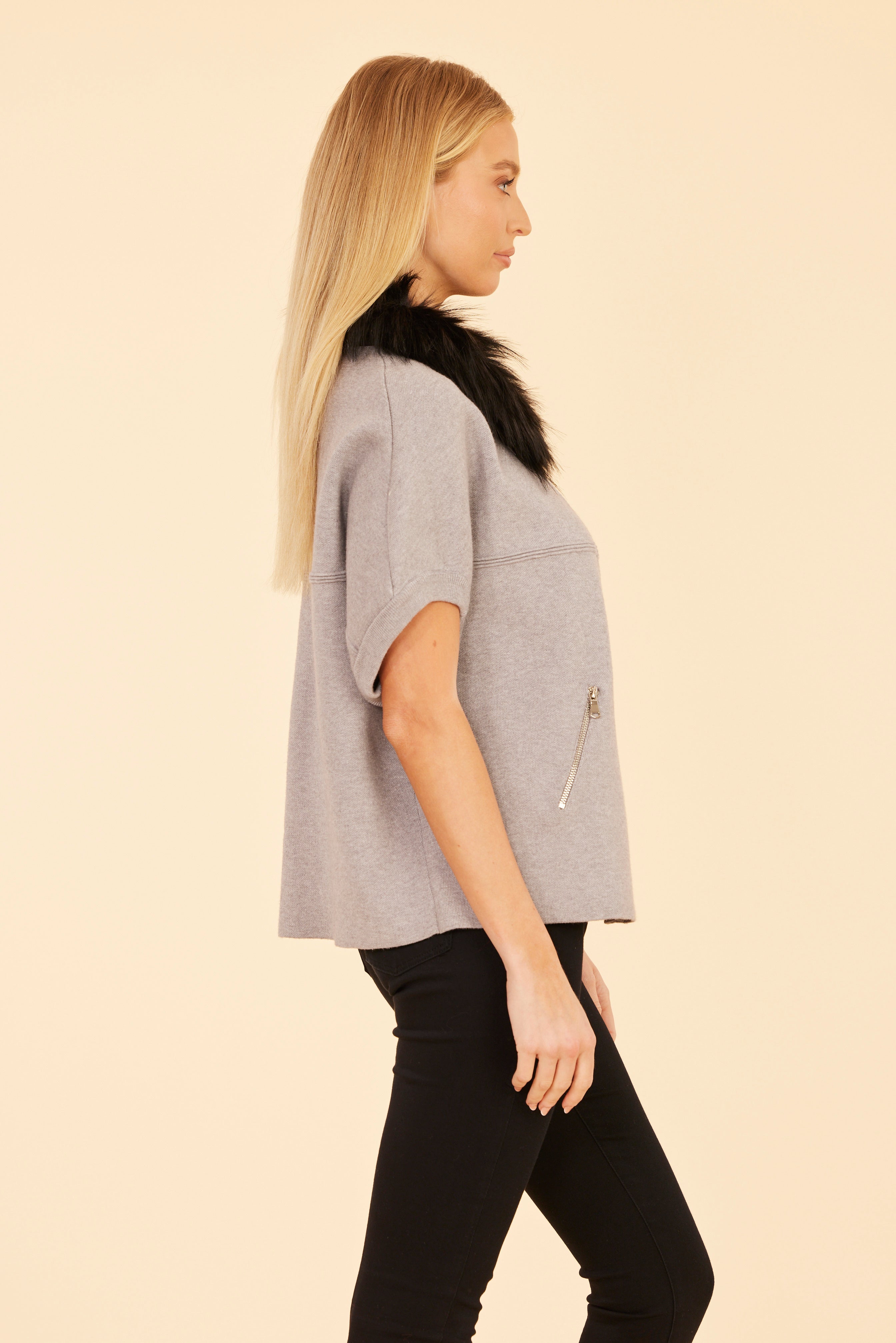 Faux Fur Collar Short Sleeved Cardigan