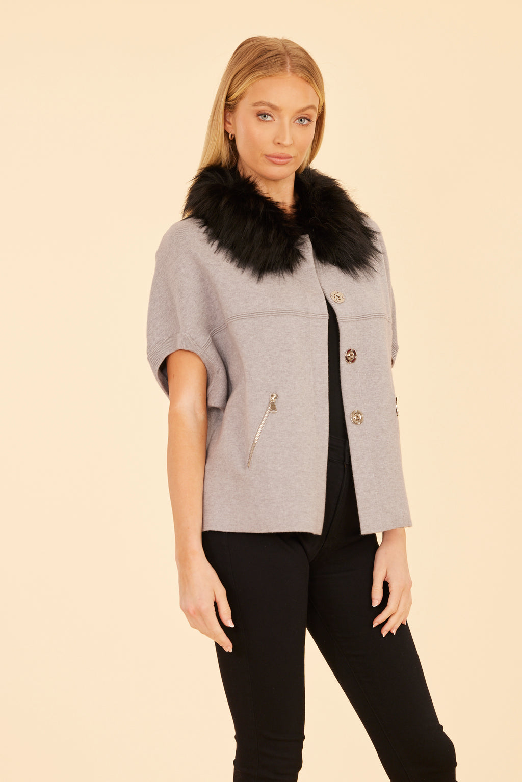 Faux Fur Collar Short Sleeved Cardigan
