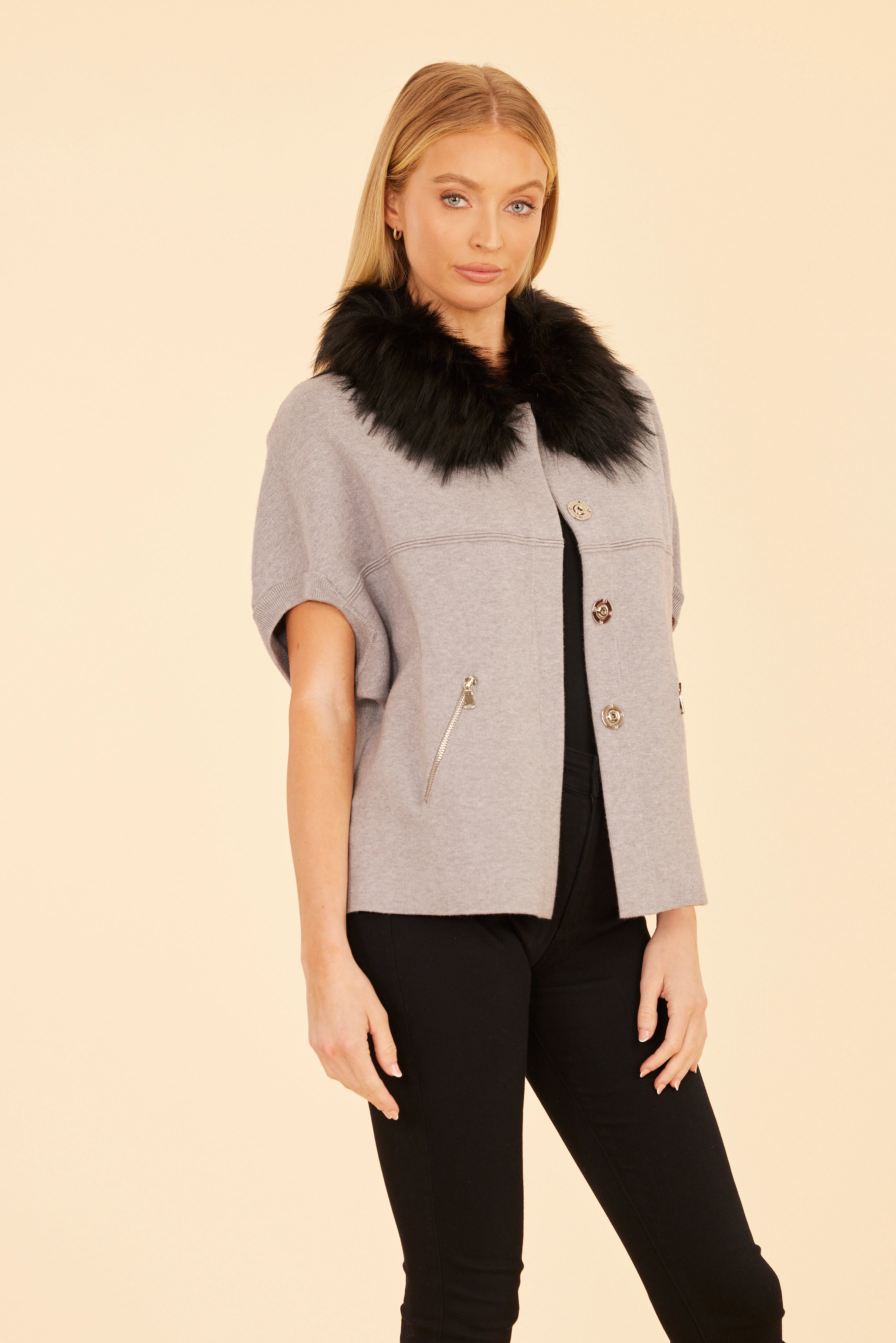 Faux Fur Collar Short Sleeved Cardigan