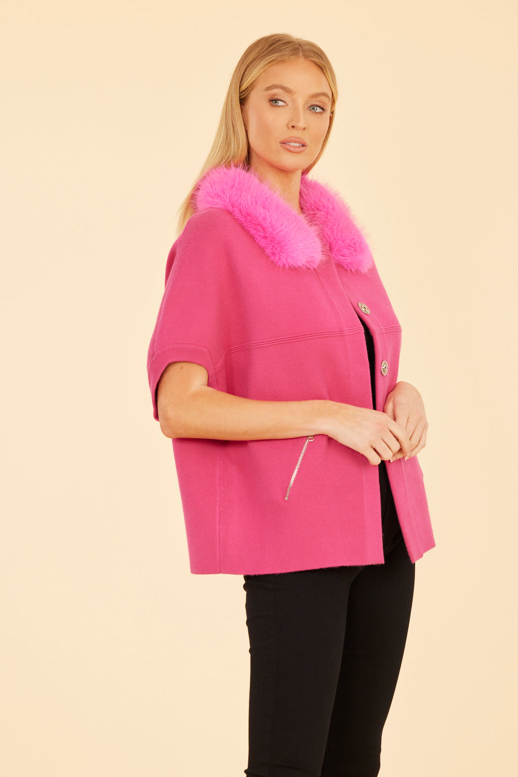 Faux Fur Collar Short Sleeved Cardigan