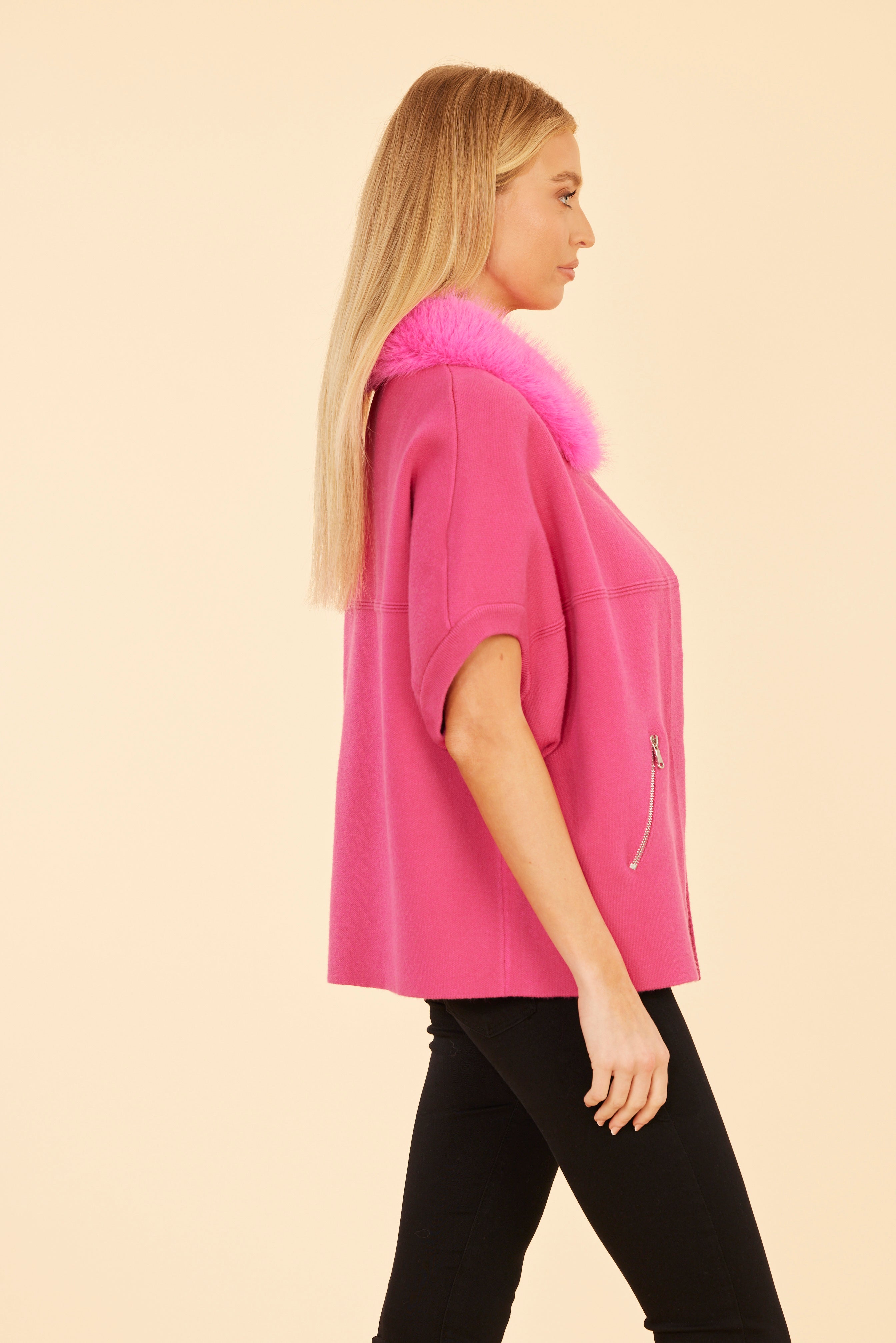 Faux Fur Collar Short Sleeved Cardigan