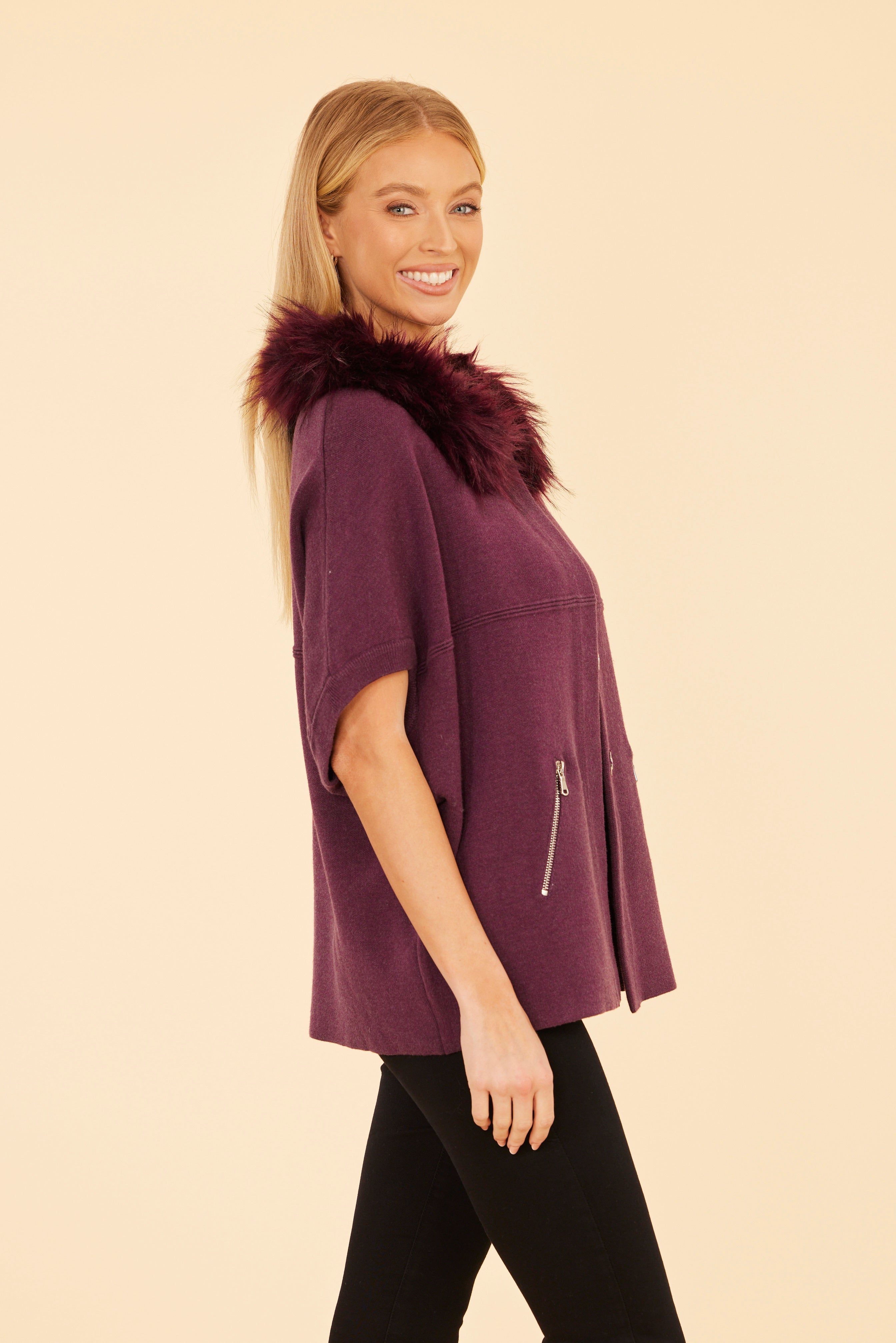 Faux Fur Collar Short Sleeved Cardigan