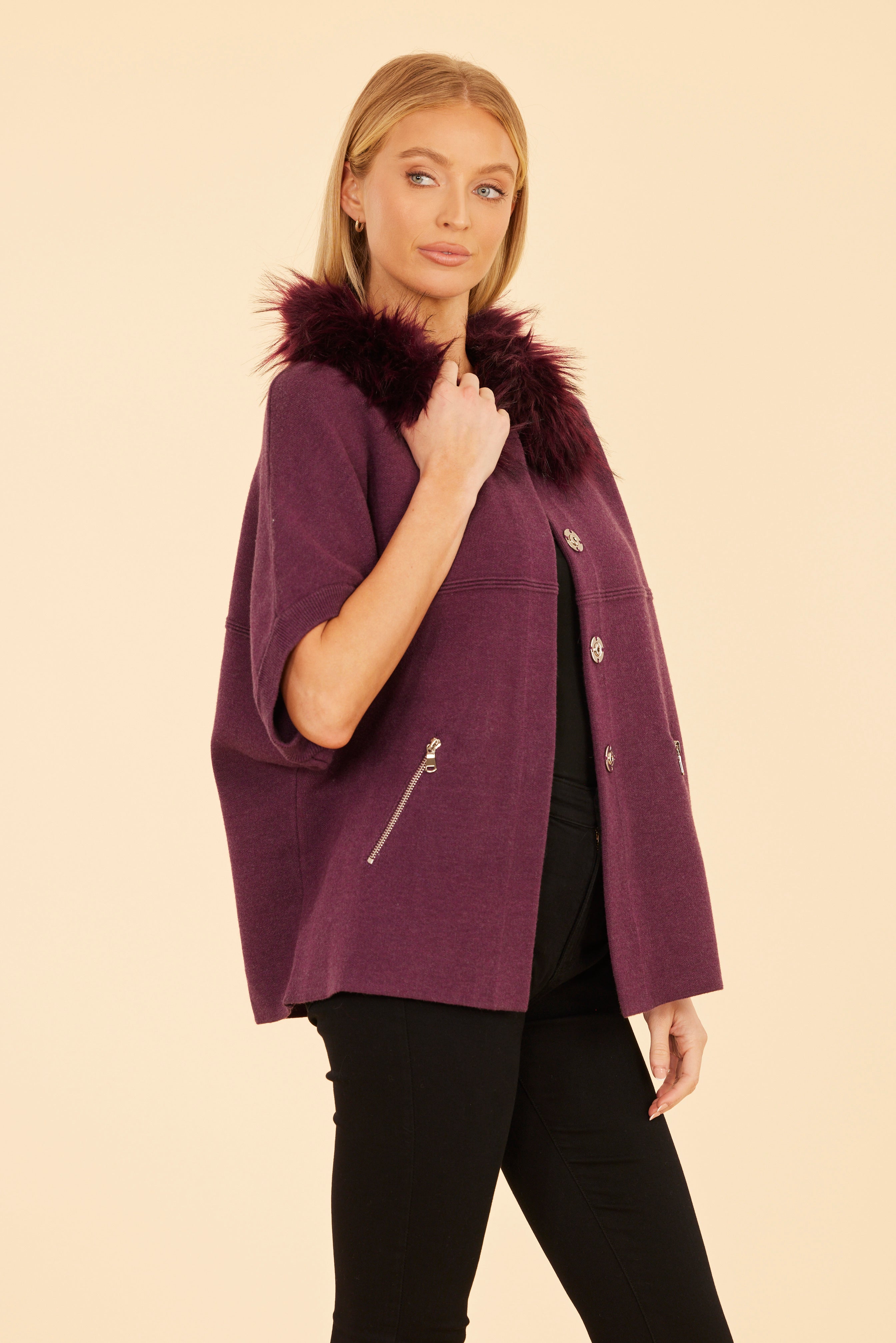 Faux Fur Collar Short Sleeved Cardigan