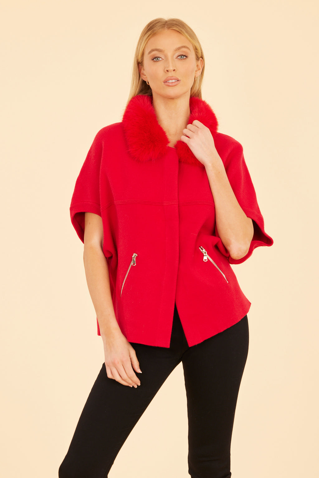 Faux Fur Collar Short Sleeved Cardigan