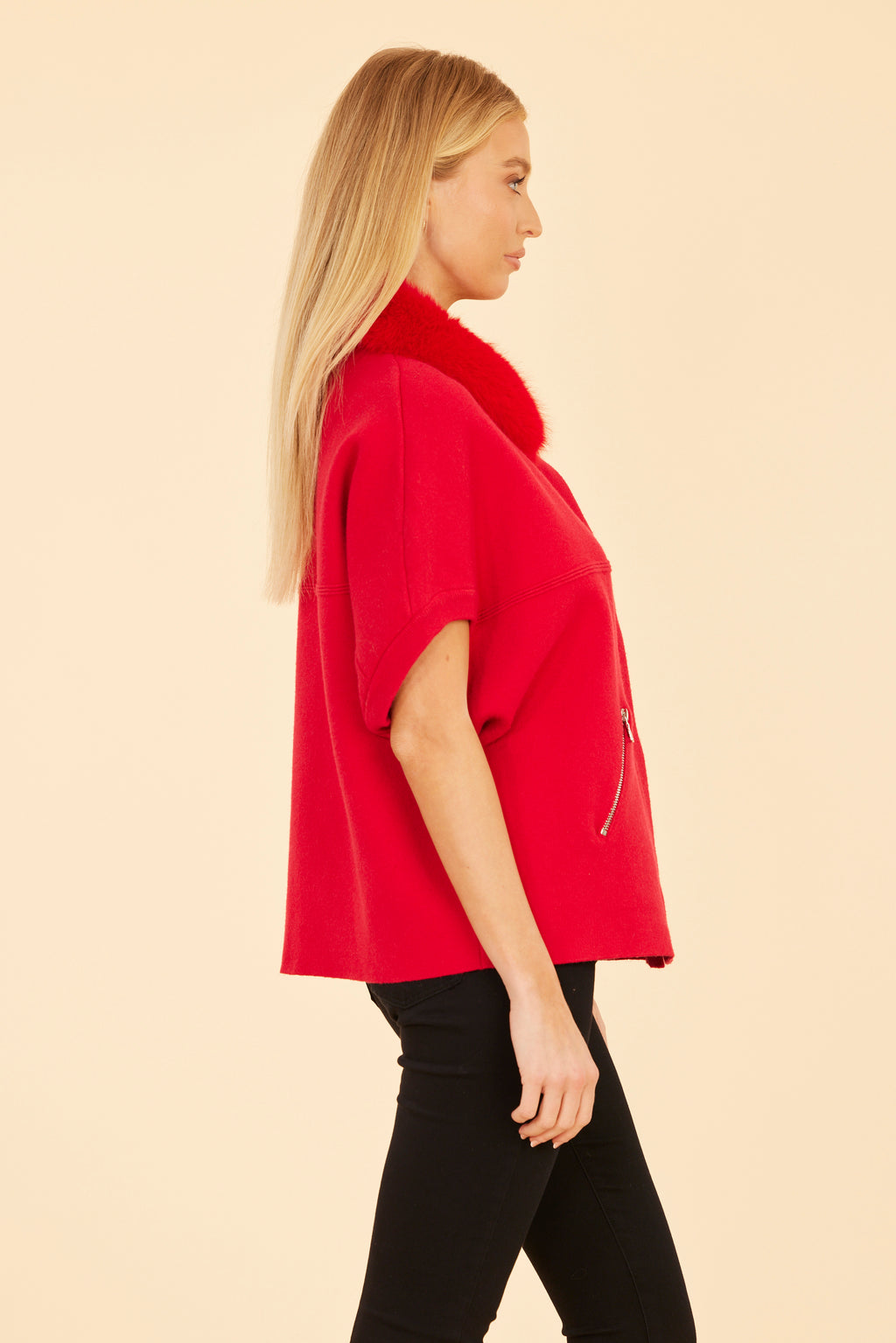 Faux Fur Collar Short Sleeved Cardigan