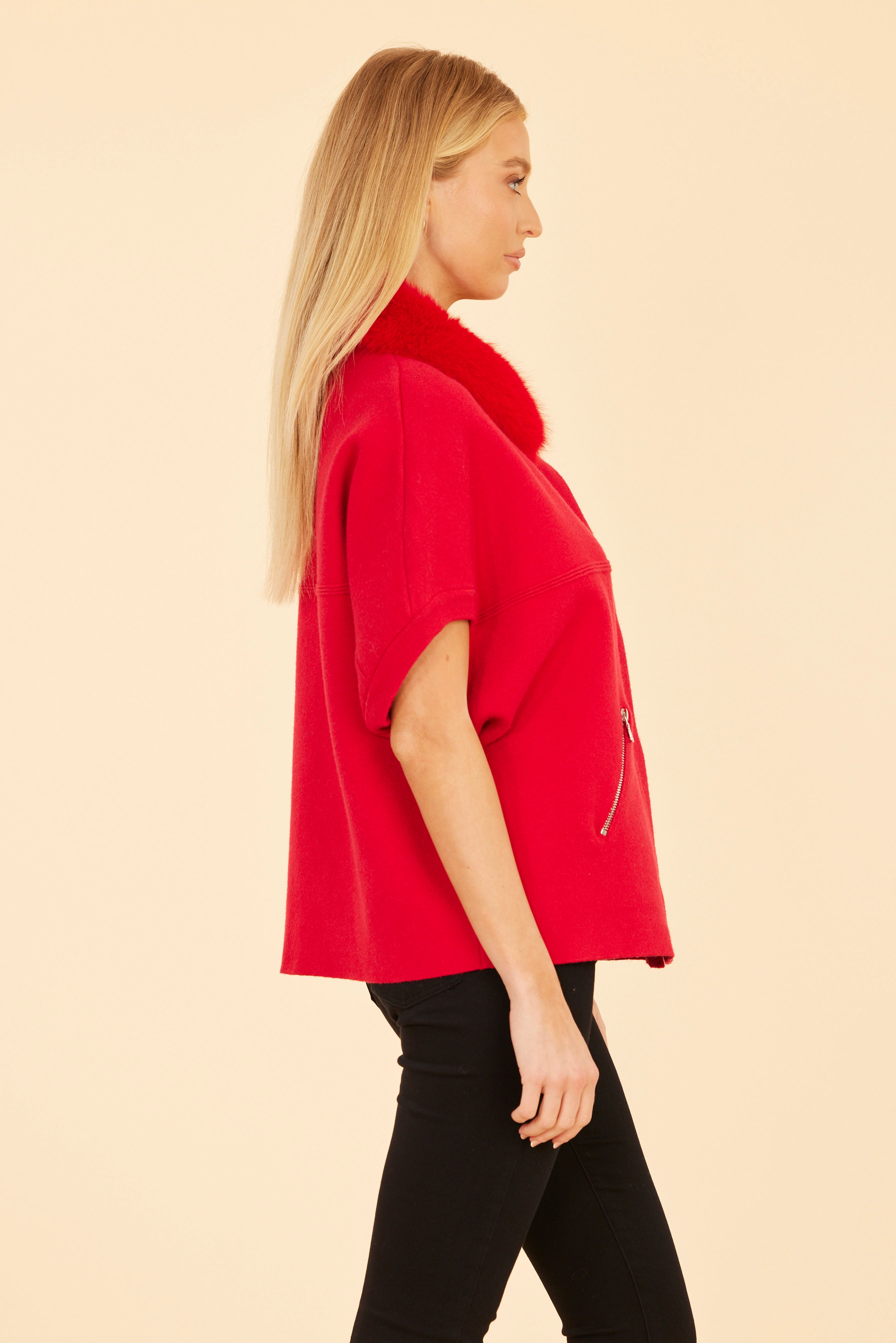 Faux Fur Collar Short Sleeved Cardigan