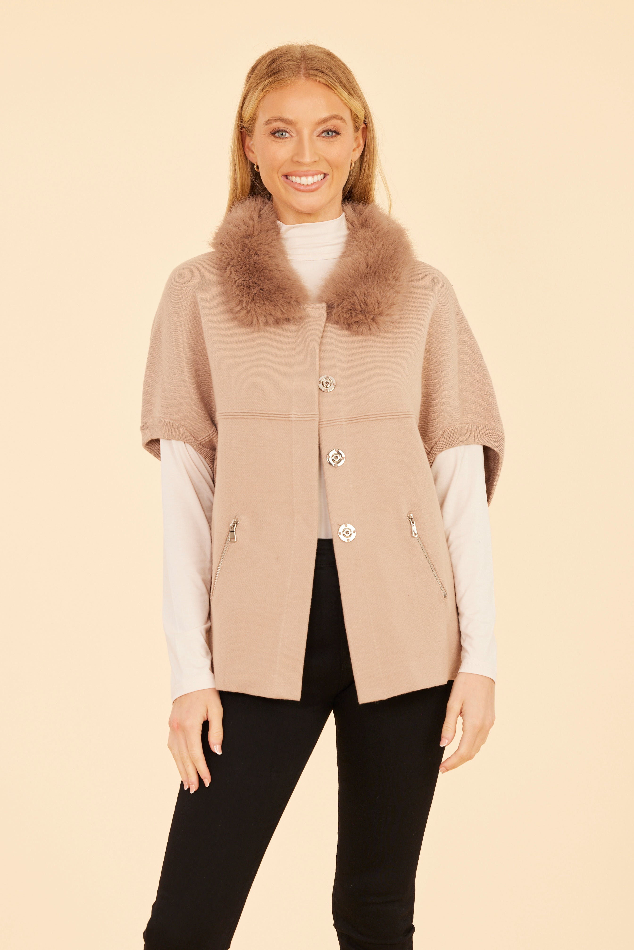 Faux Fur Collar Short Sleeved Cardigan