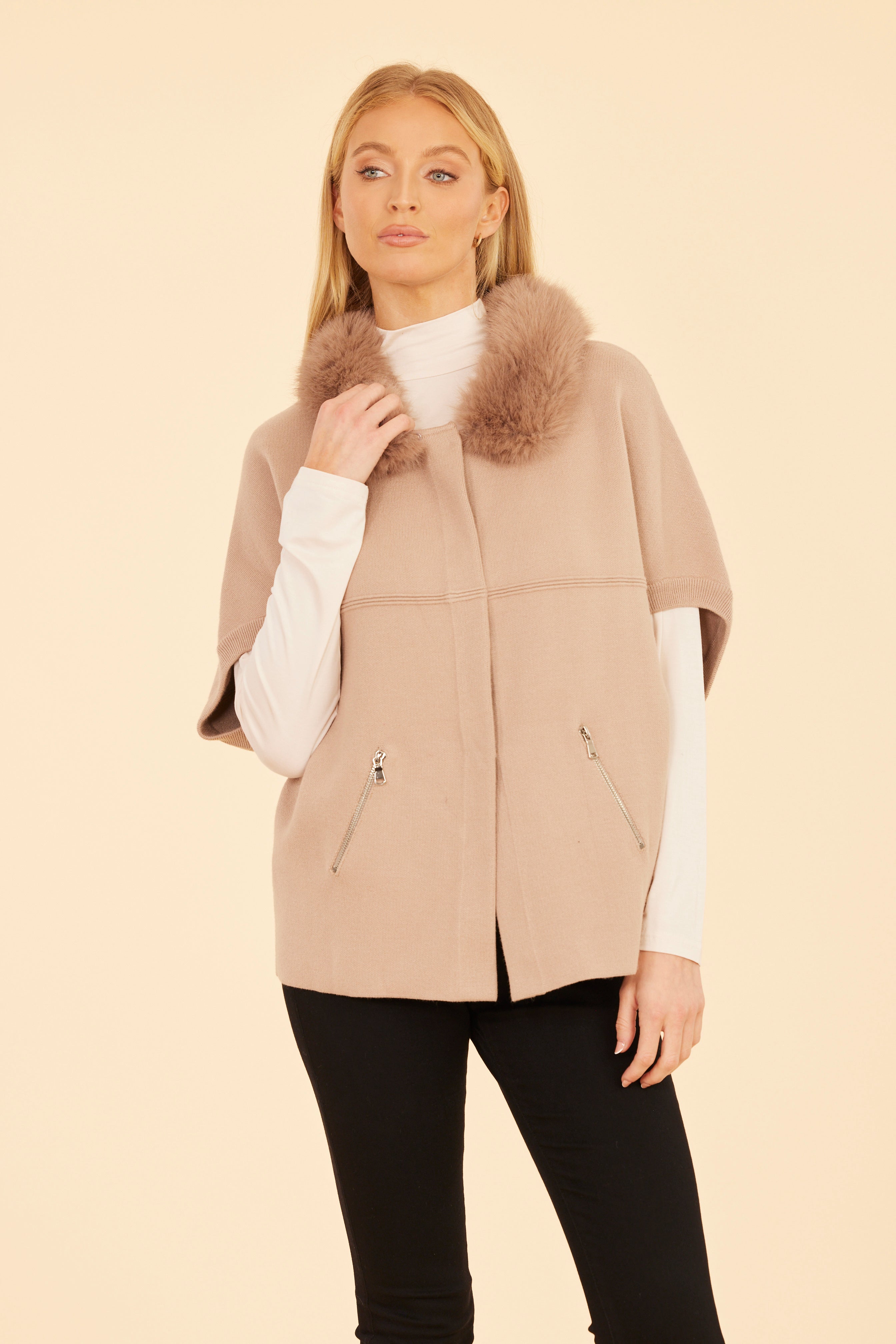 Faux Fur Collar Short Sleeved Cardigan