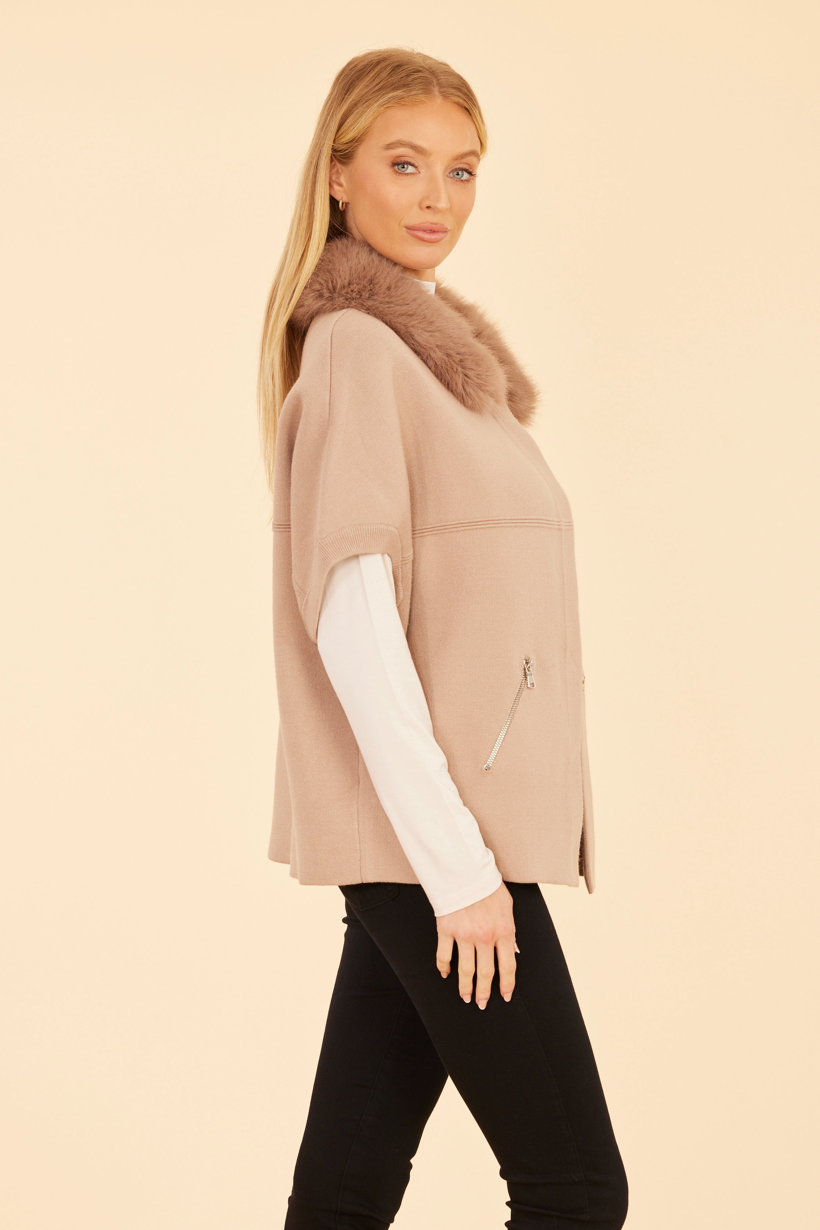 Faux Fur Collar Short Sleeved Cardigan