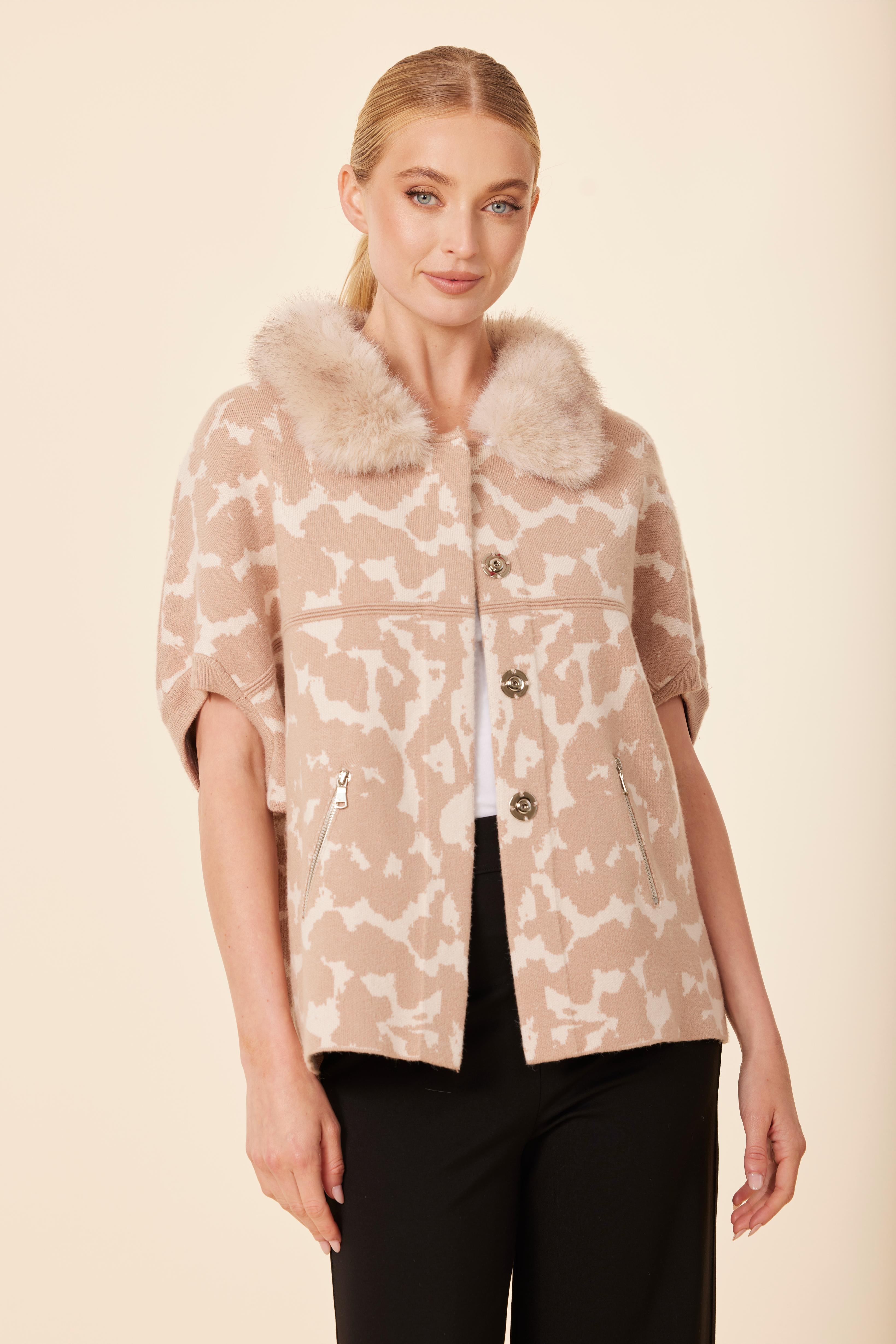 Animal Print Faux Fur Trimmed Cocoon Cardigan