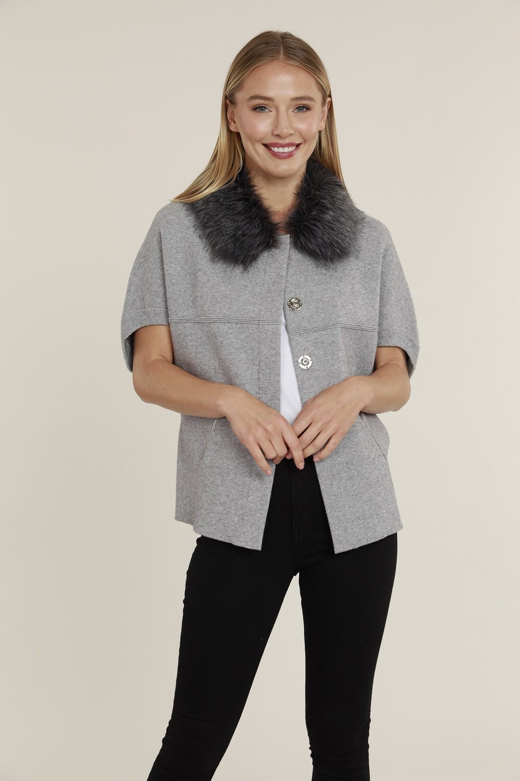 Faux Fur Collar Short Sleeve Cardigan