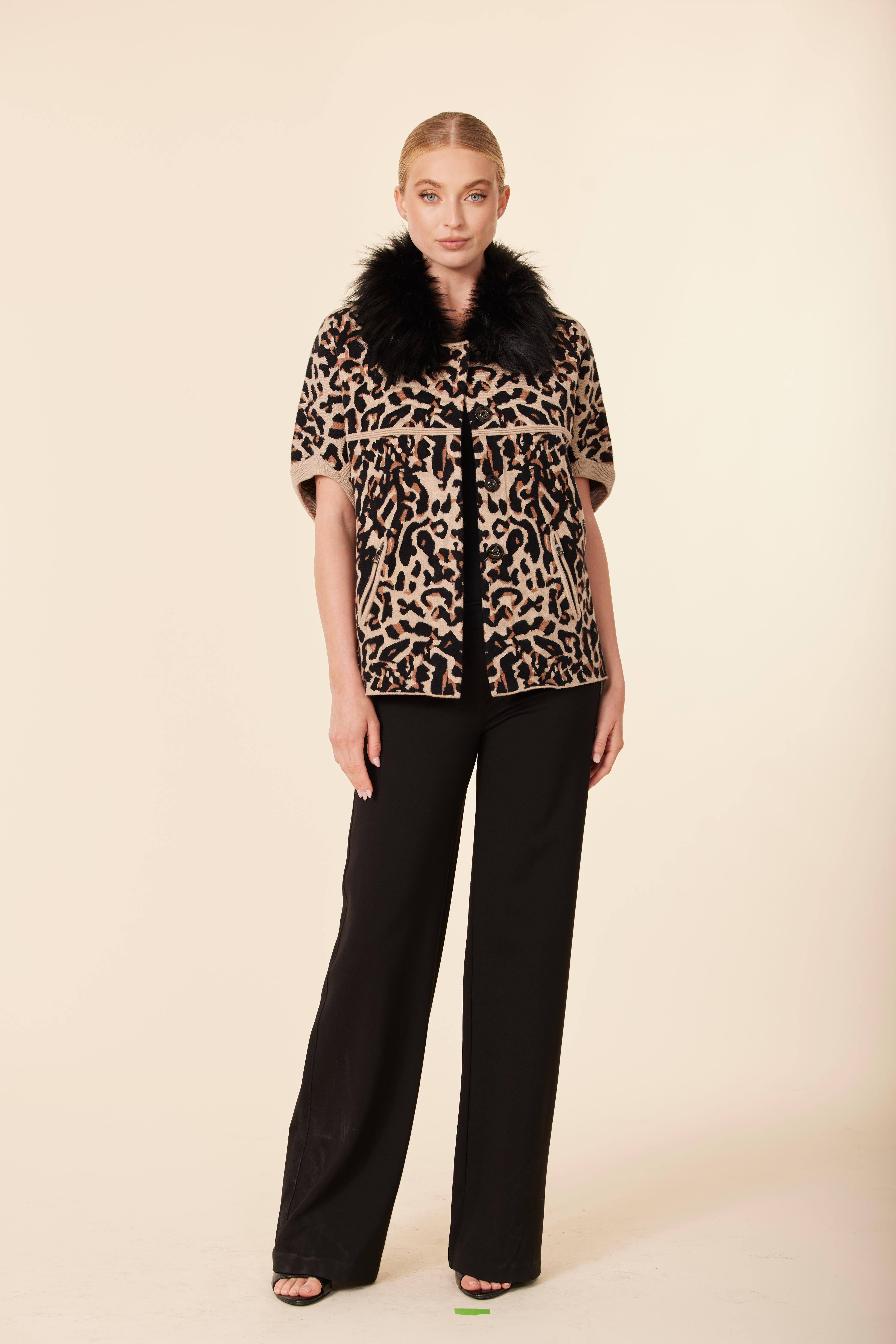 Animal Print Faux Fur Trimmed Cocoon Cardigan