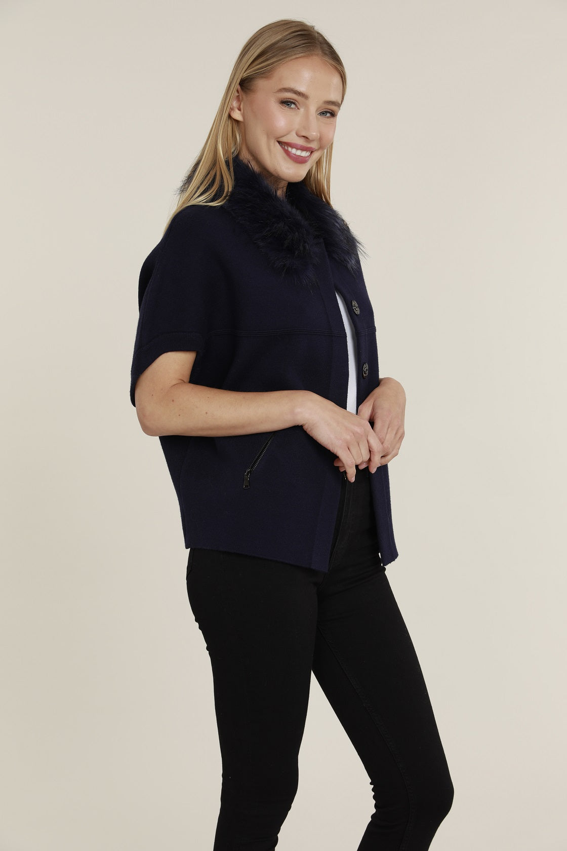 Faux Fur Collar Short Sleeve Cardigan