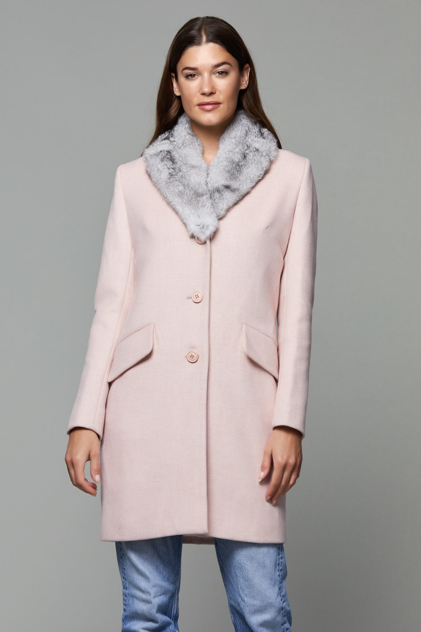 Cashmere Double Breasted Overcoat with Rabbit Fur Collar