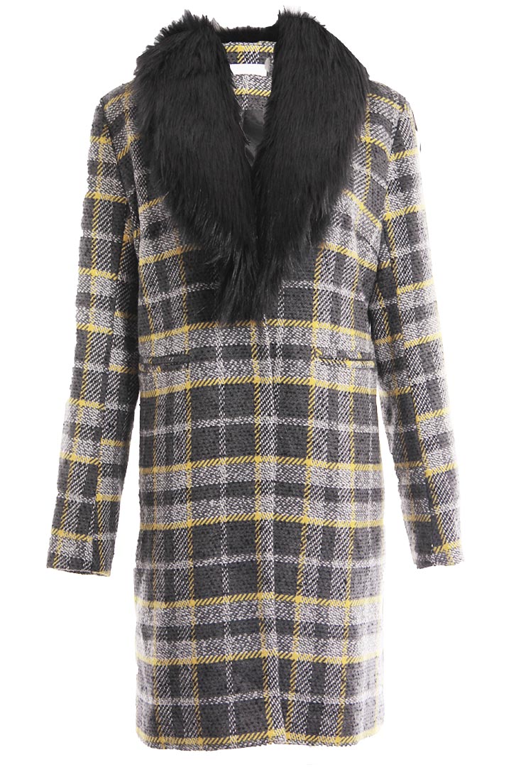 Long Plaid Coat with Detachable Fur Collar