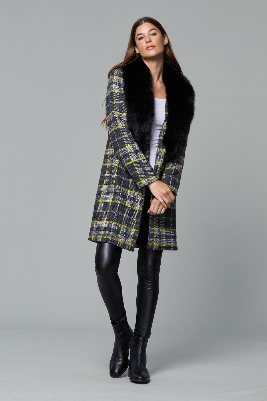 Load image into Gallery viewer, Plaid Coat with Natural Fur Collar
