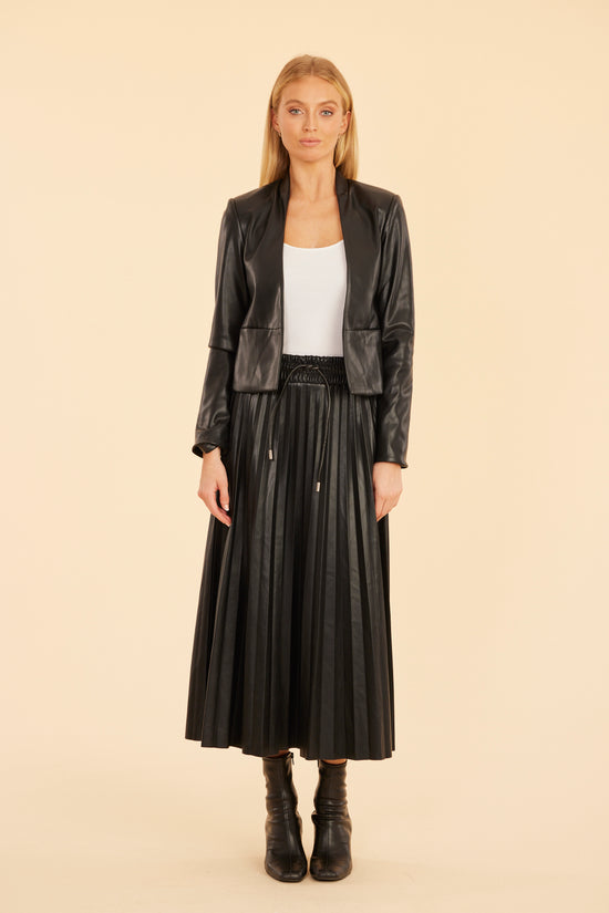 Faux Leather Pleated Drawstring Midi Skirt