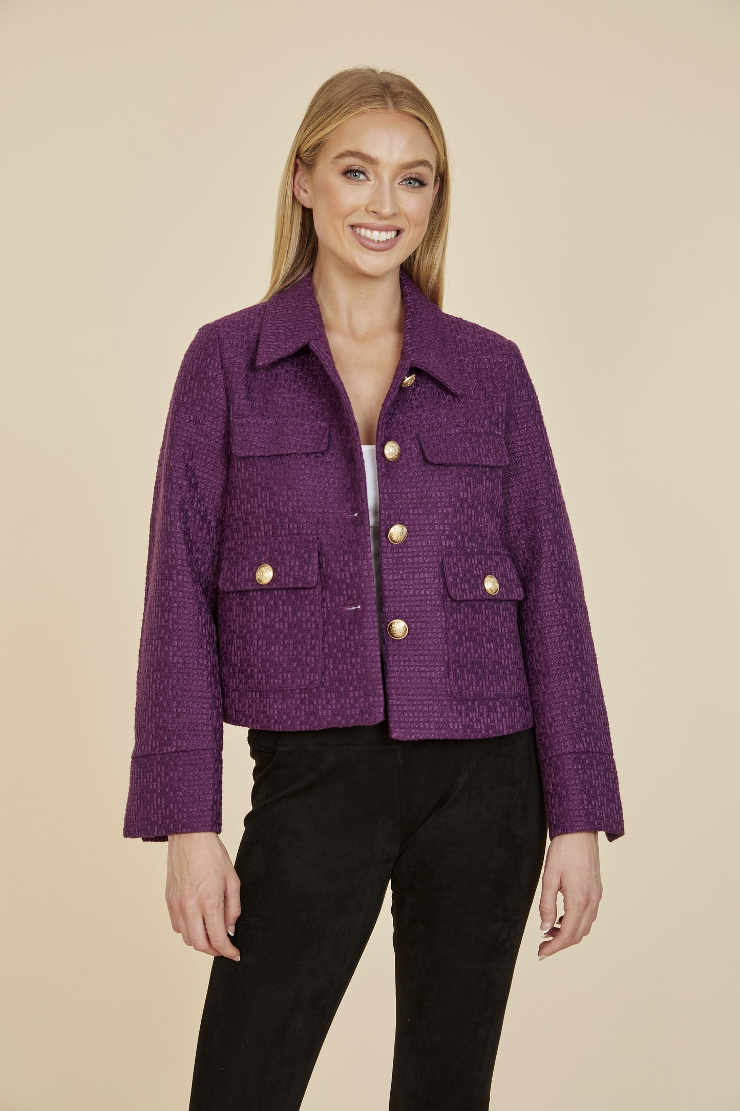 Load image into Gallery viewer, Tweed Gold Button Blazer

