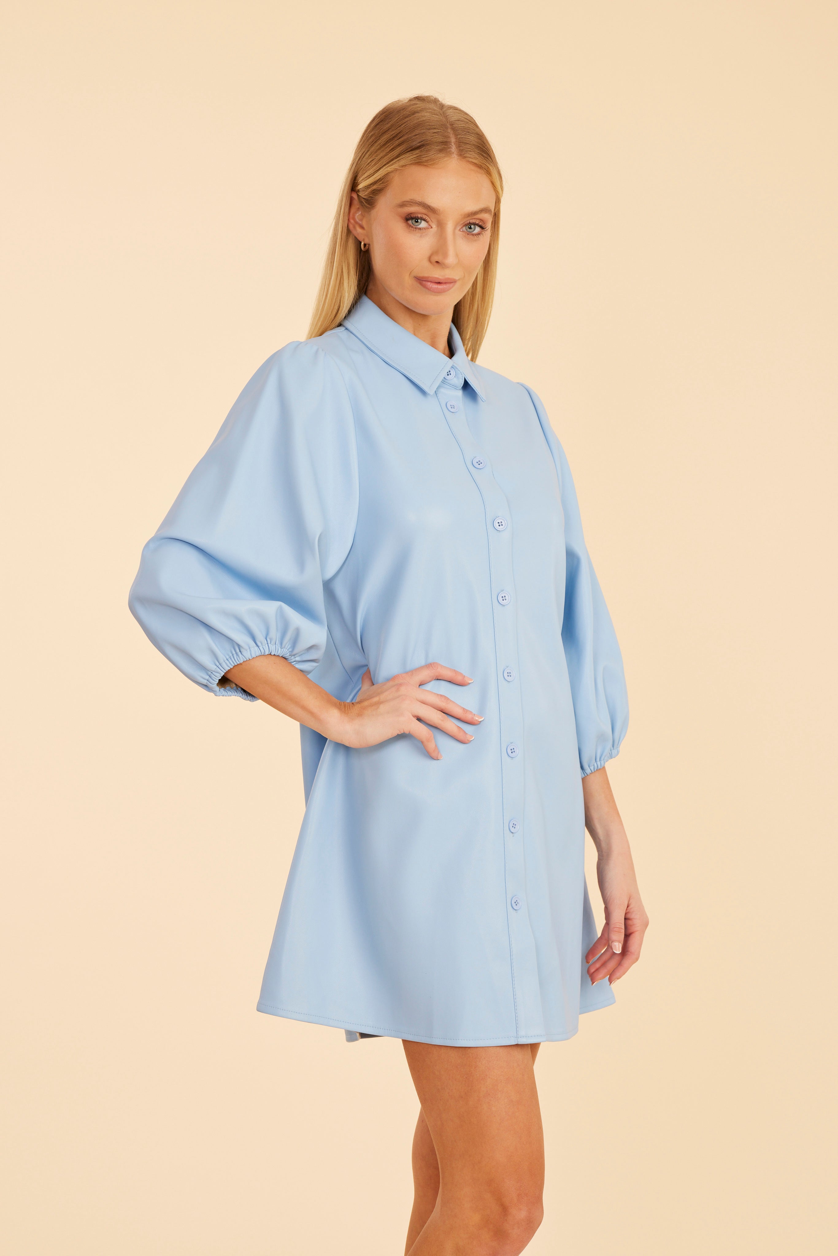 Faux Leather Puff Sleeve Dress