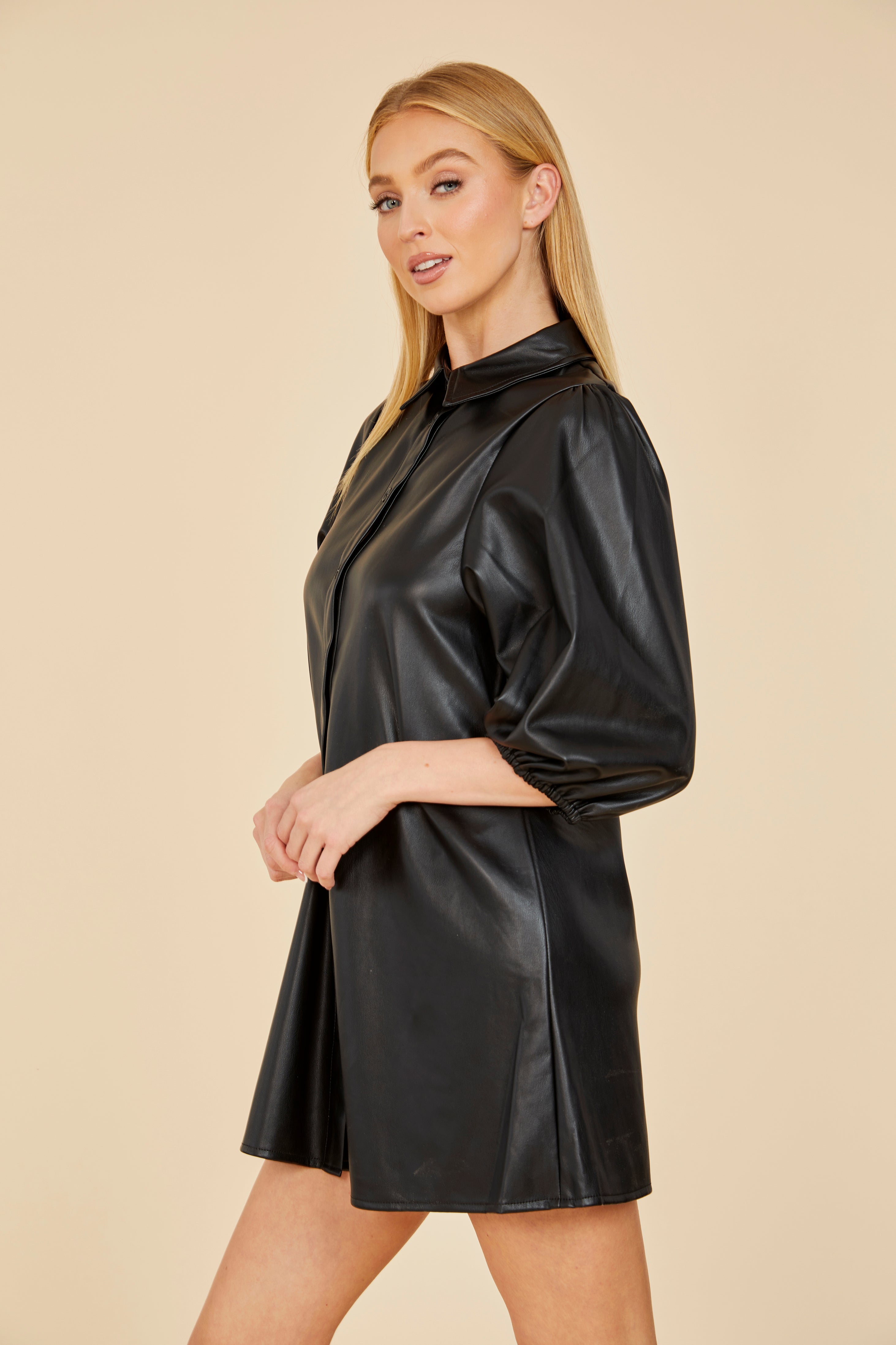 knee length dresses for ladies Faux Leather Puff Sleeve Dress Black / S