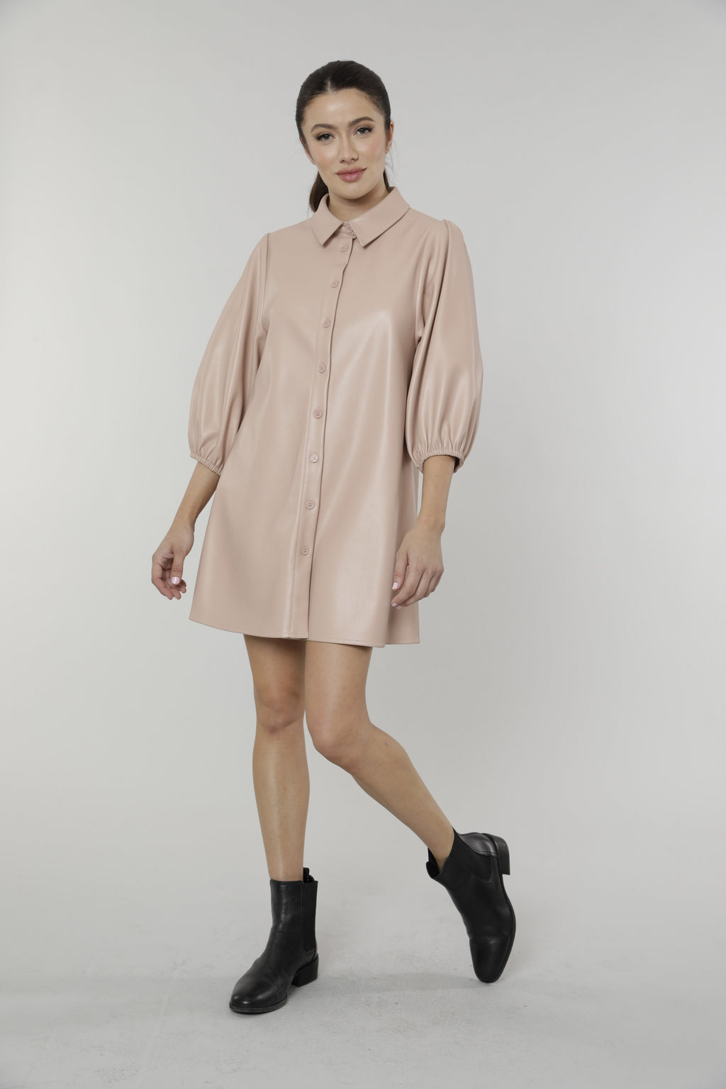 Faux Leather Dress with Puff Sleeves