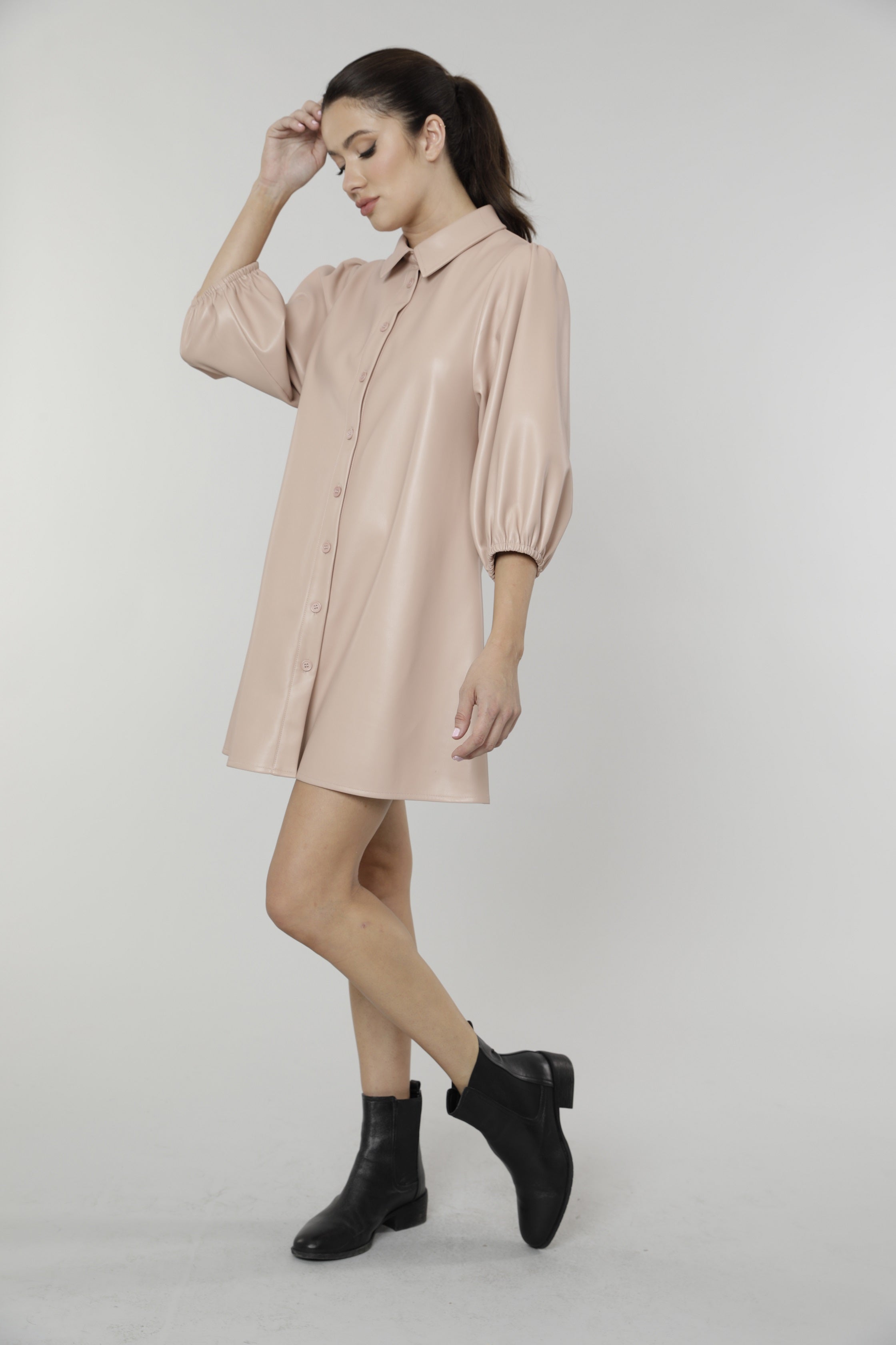 Faux Leather Dress with Puff Sleeves  Dolce Cabo