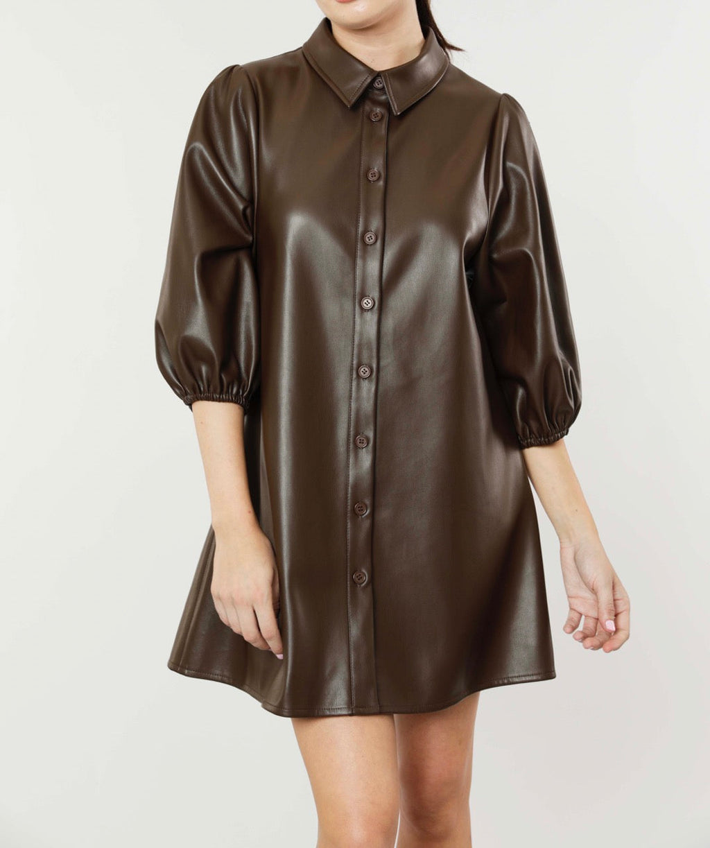 Classic Faux Leather Dress with Puff Sleeves
