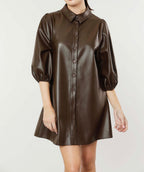 Classic Faux Leather Dress with Puff Sleeves