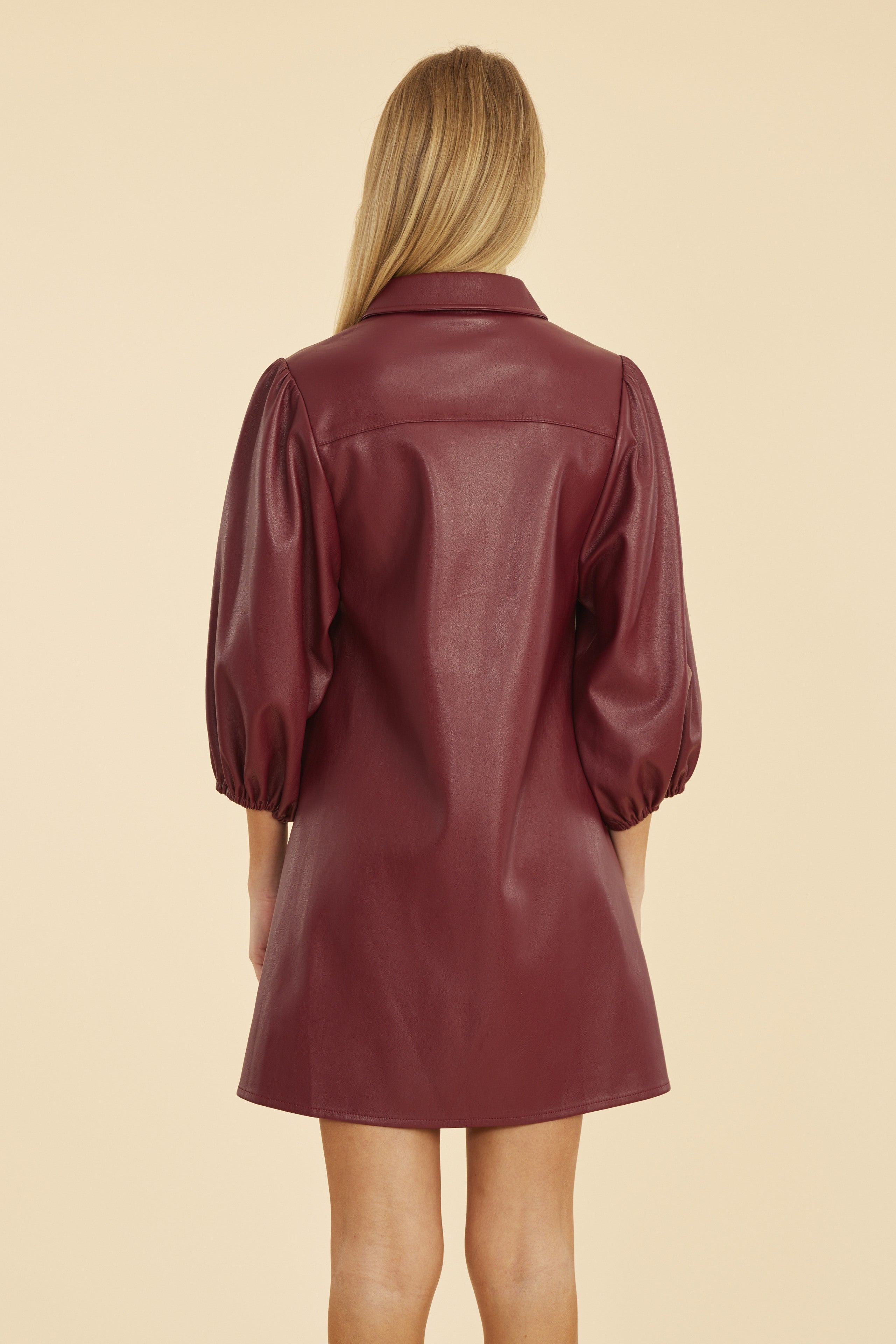 Faux Leather Puff Sleeve Dress Ruby / XL Faux Leather Puff Sleeve Dress Ruby / XL