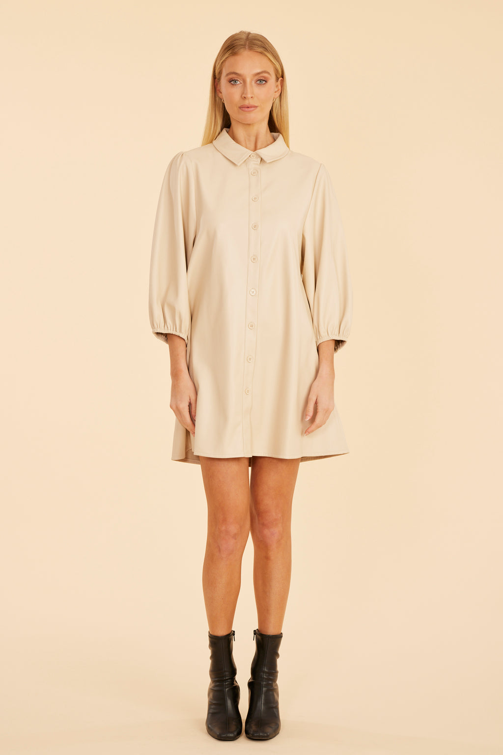 Classic Faux Leather Dress with Puff Sleeves