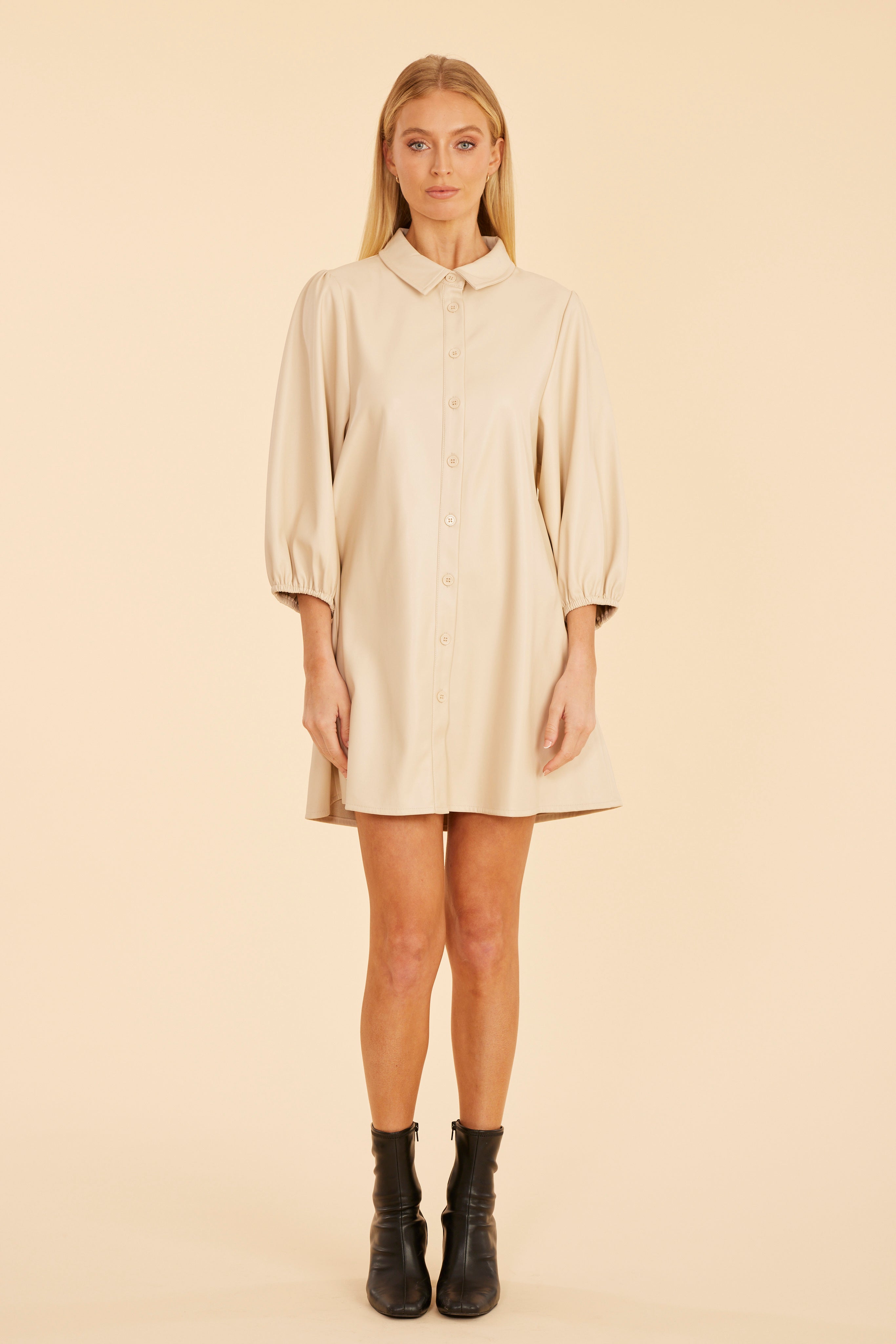 Classic Faux Leather Dress with Puff Sleeves