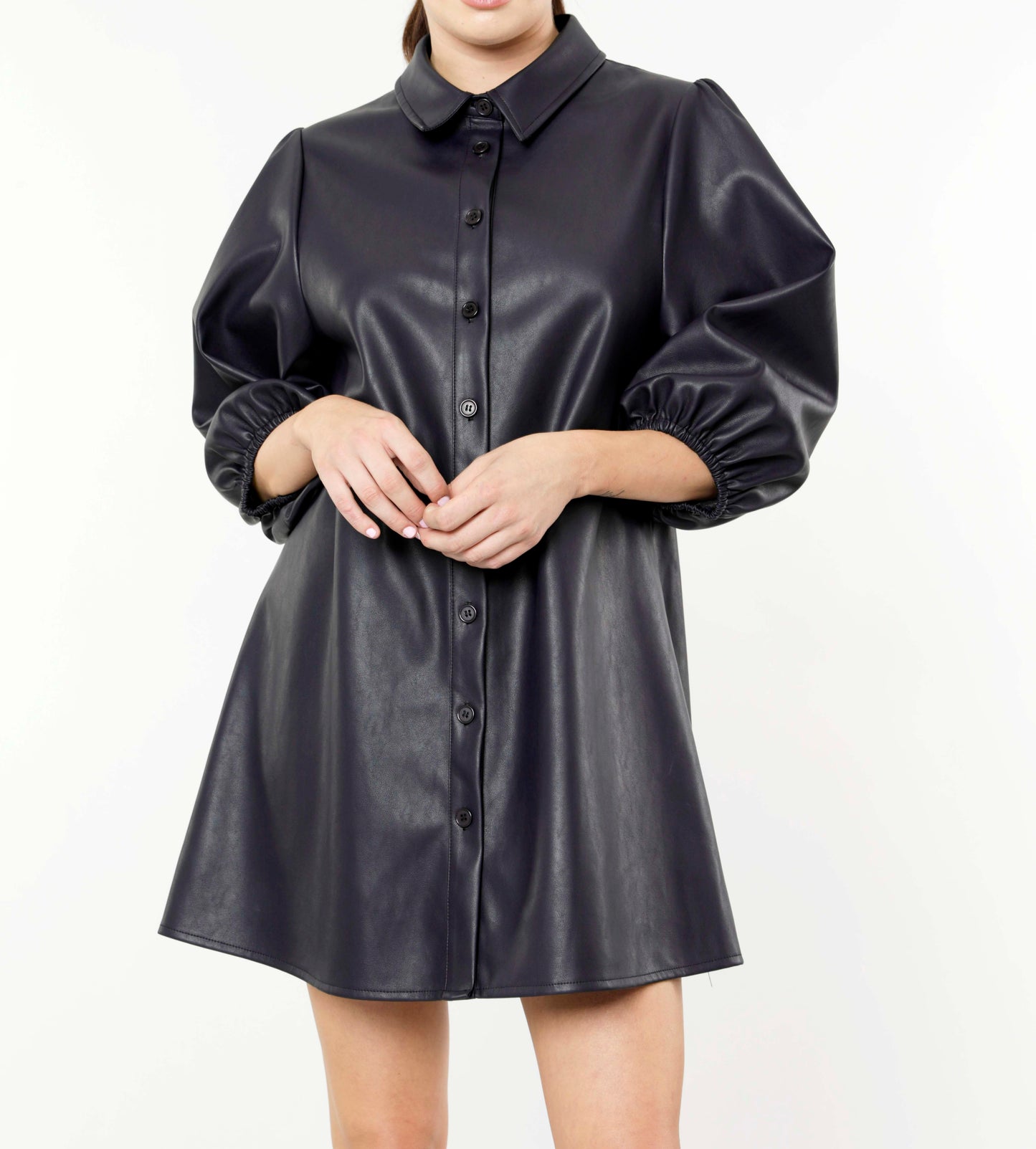 Load image into Gallery viewer, Classic Faux Leather Dress with Puff Sleeves
