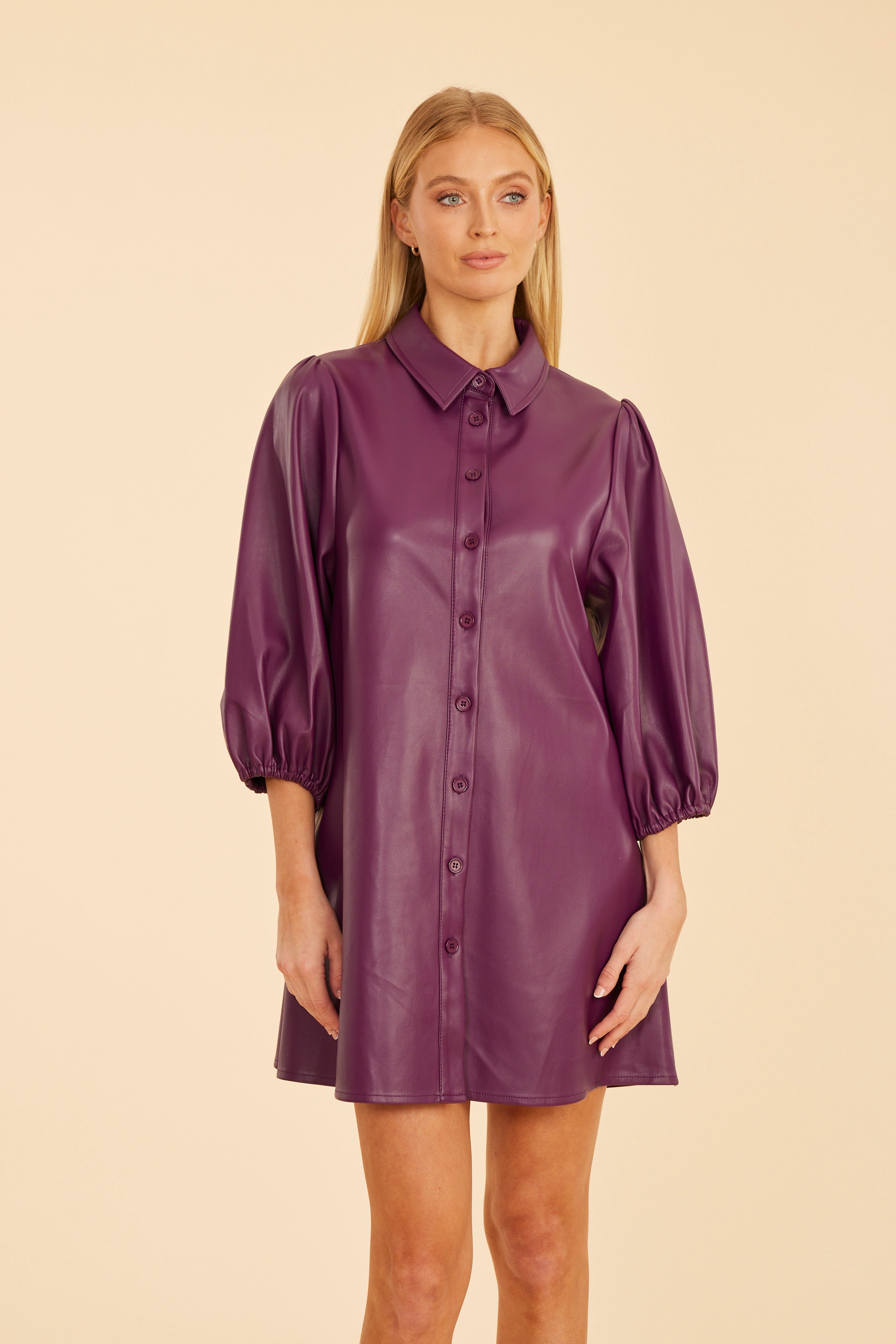 Faux Leather Puff Sleeve Dress Ruby / XS Faux Leather Puff Sleeve Dress Ruby / XS